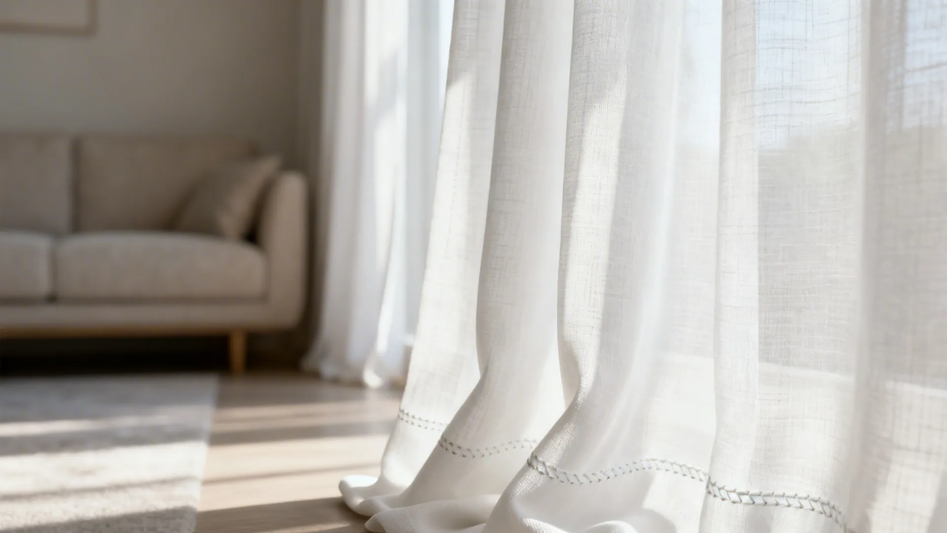 Macro of soft white curtain fabric catching daylight with visible weave.