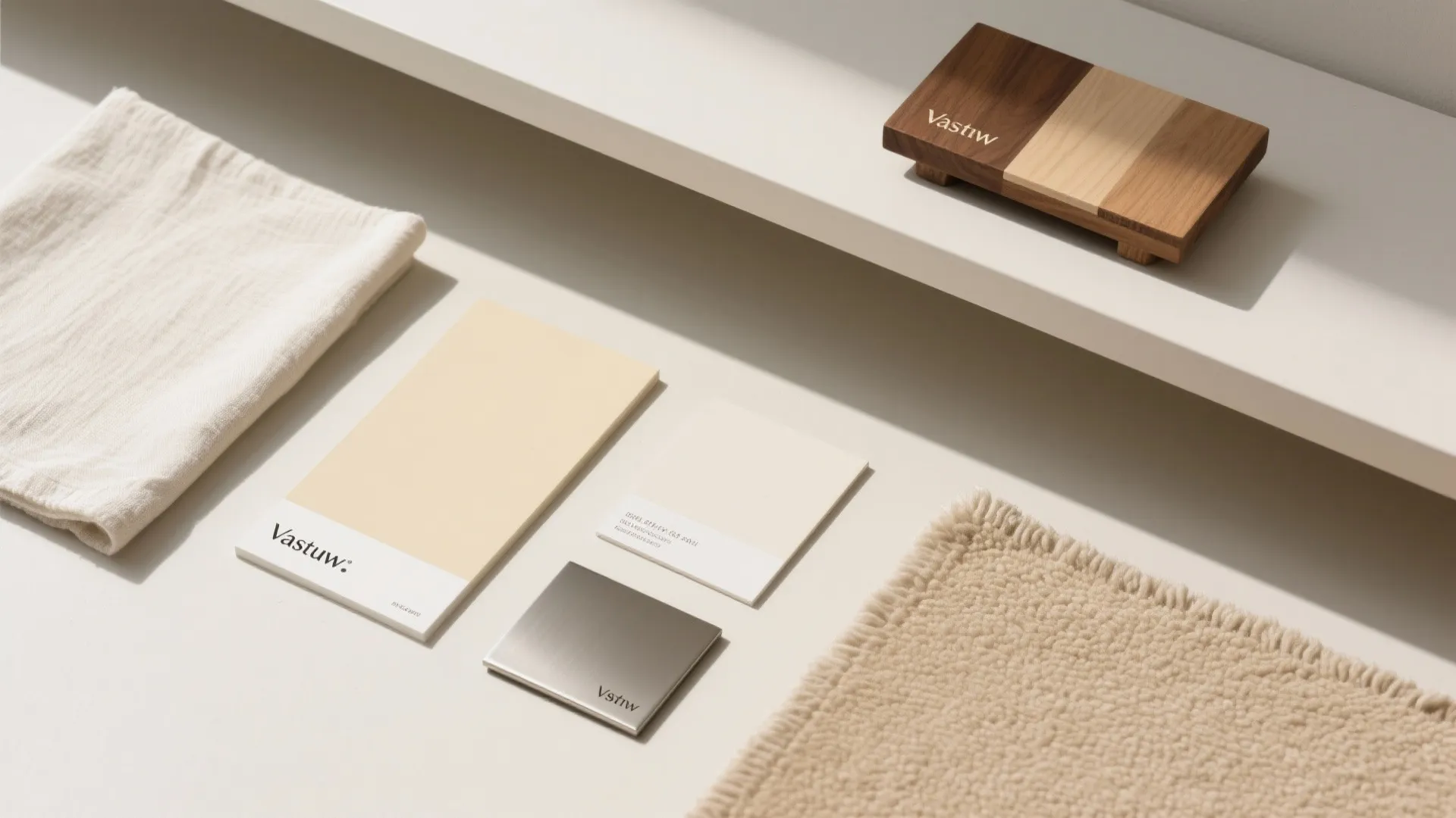 Soft white flatlay with fabric material samples color cards metal plate and wooden object display