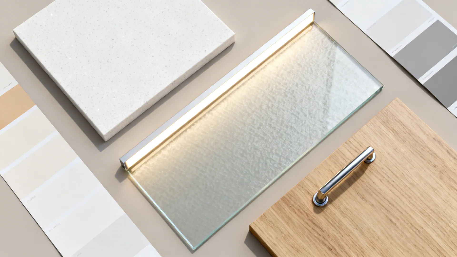 Top-down material flat lay with soft-white quartz, satin glass, LED, and wood veneer.