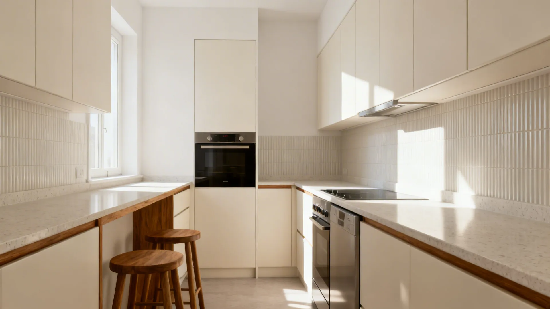 Bright galley kitchen with warm soft white walls and matte off-white cabinets.