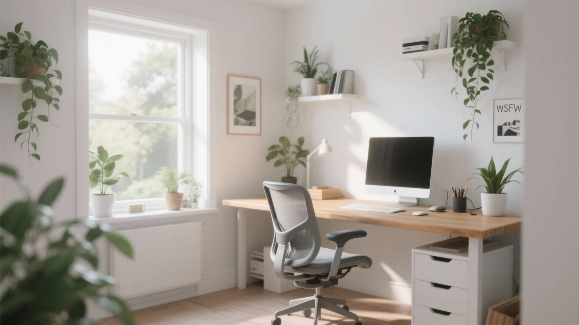 Bright white home office with wooden desk grey chair computer monitor window and green plants
