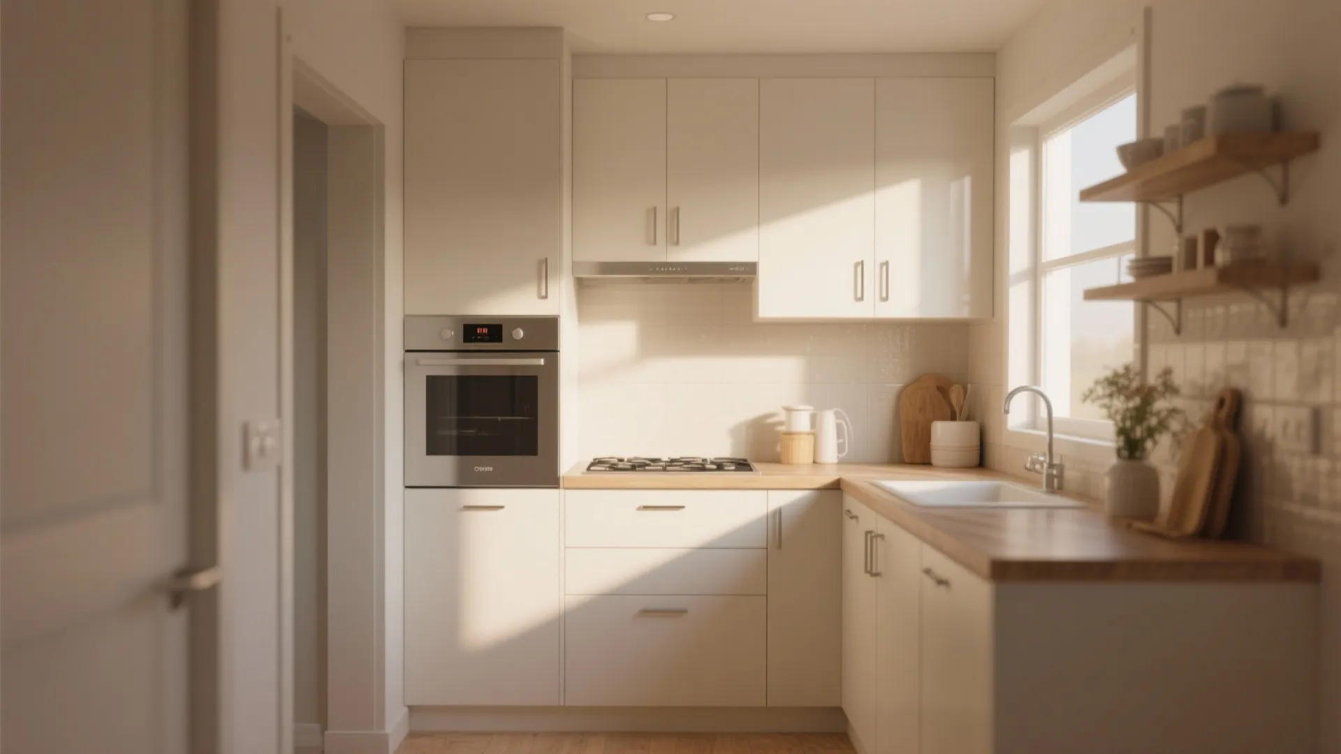 Modern cream kitchen with wooden countertop white cabinets built in oven and natural sunlight window