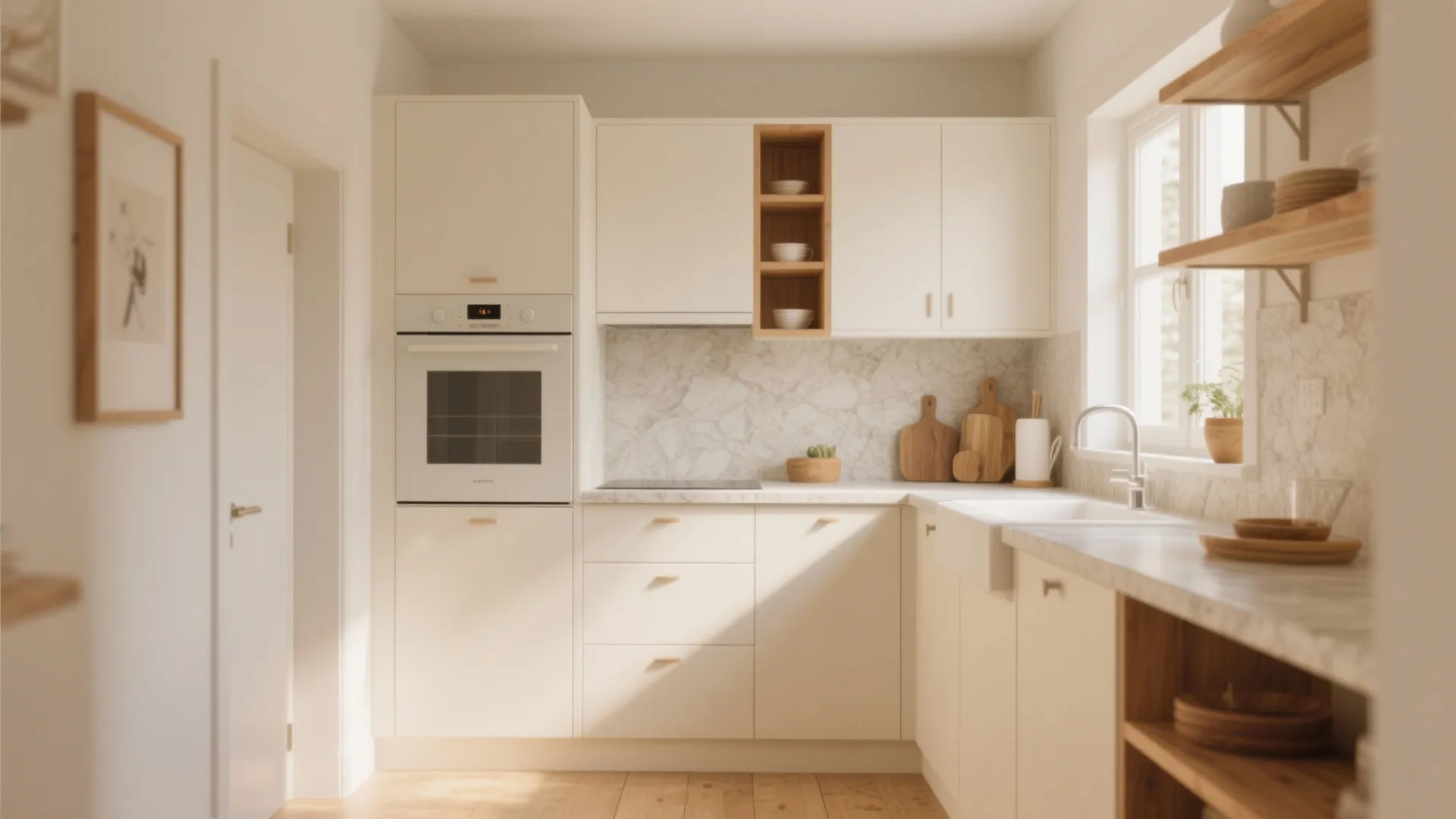 Small kitchen with soft white cabinets and oak shelves