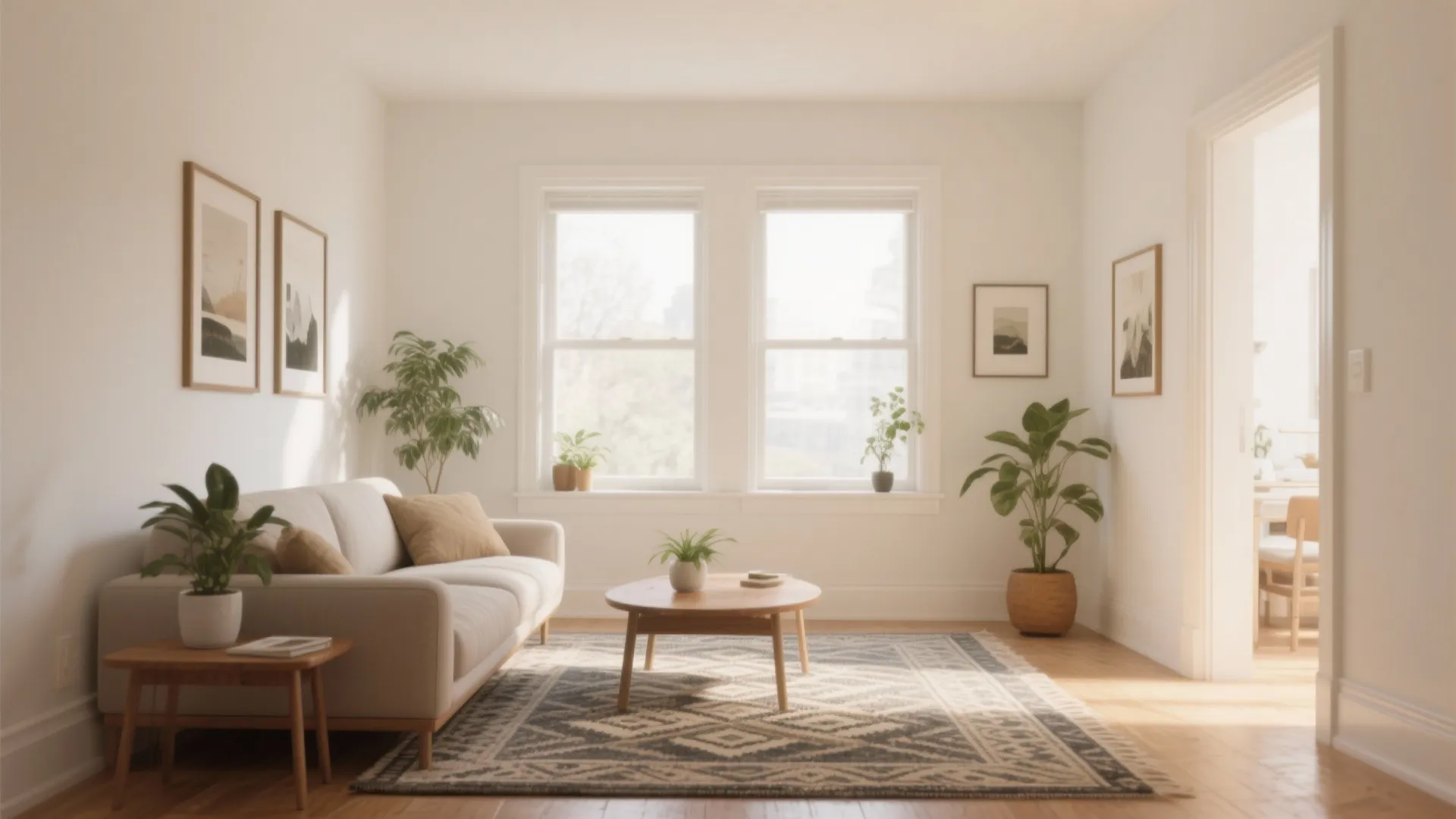 Bright living room with white sofa wooden coffee table patterned rug and many green plants