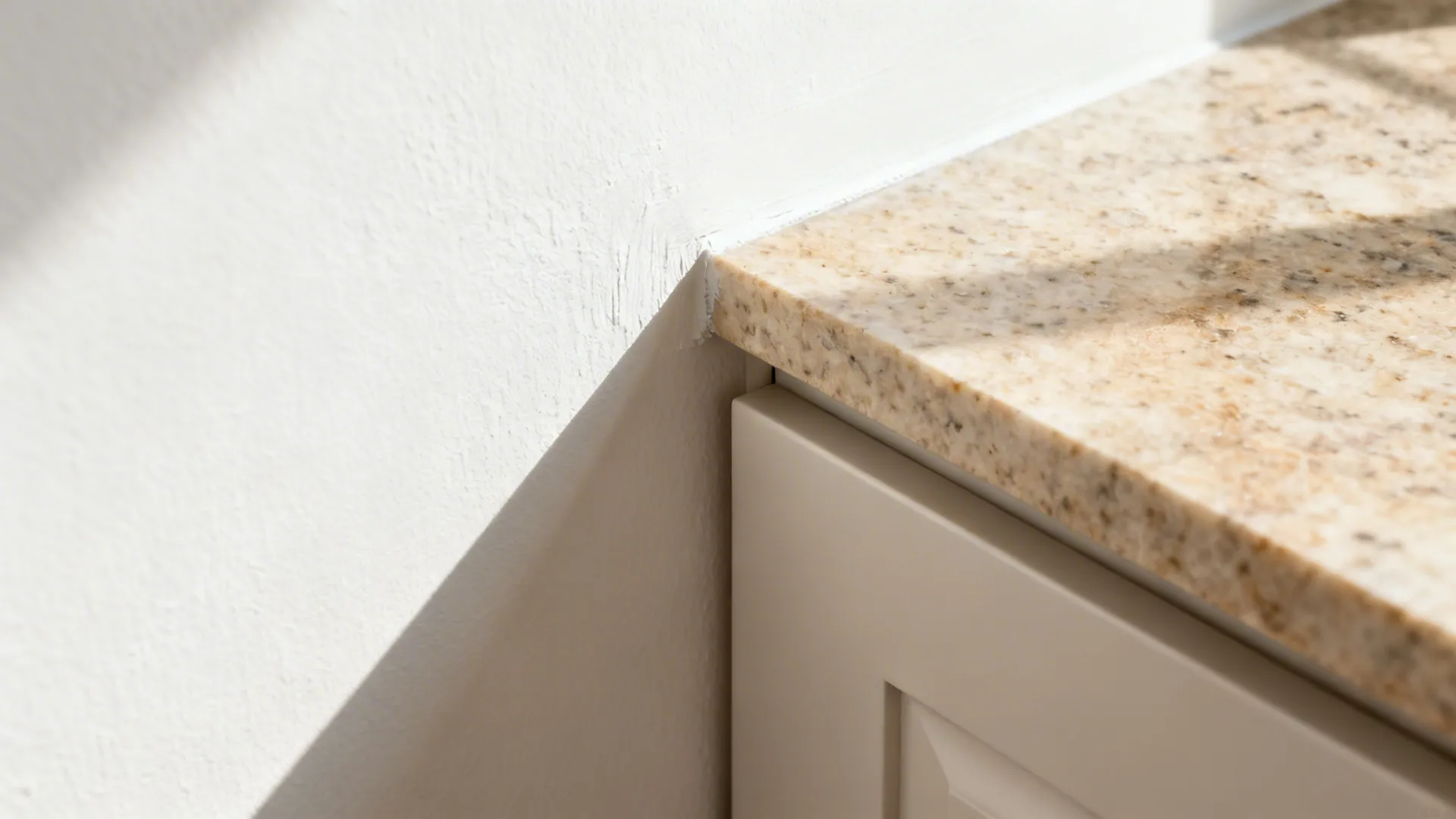 Close-up of warm soft white wall with quartz backsplash and matte cabinet edge.