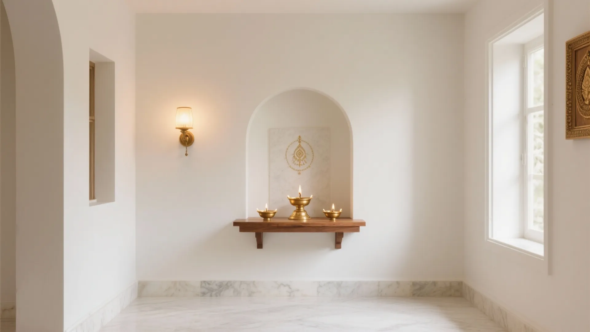 White prayer room with wooden wall shelf holding three brass oil lamps in an arched niche