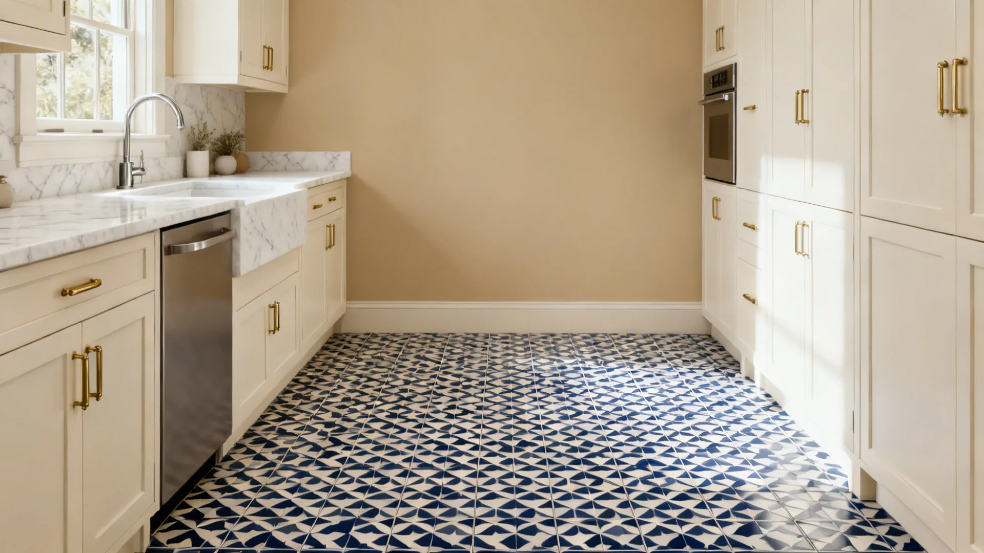Modern white kitchen featuring blue patterned floor tiles marble counters cream cabinets and gold metal handles