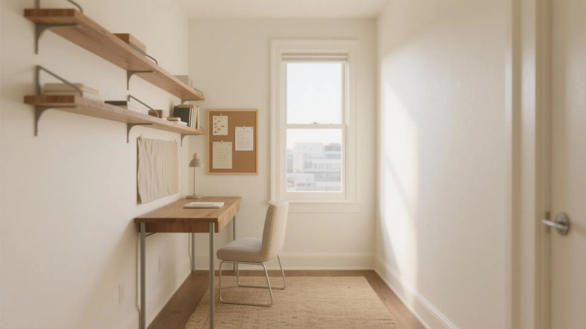 Small warm study area with white walls narrow wooden desk cream chair and wall shelves