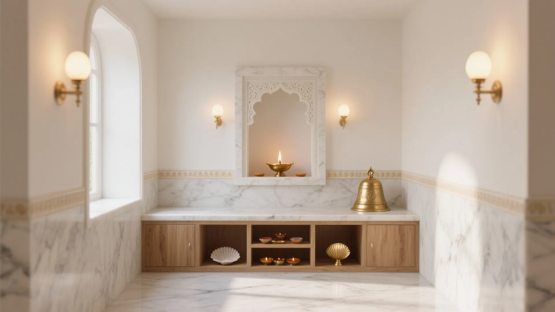 Elegant white prayer room with marble surfaces wood cabinet brass bell burning oil lamp and lights