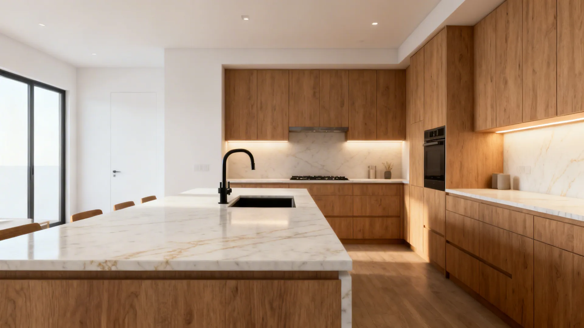 Modern kitchen with wood cabinets, white marble island, black faucet, under cabinet lighting, and white walls