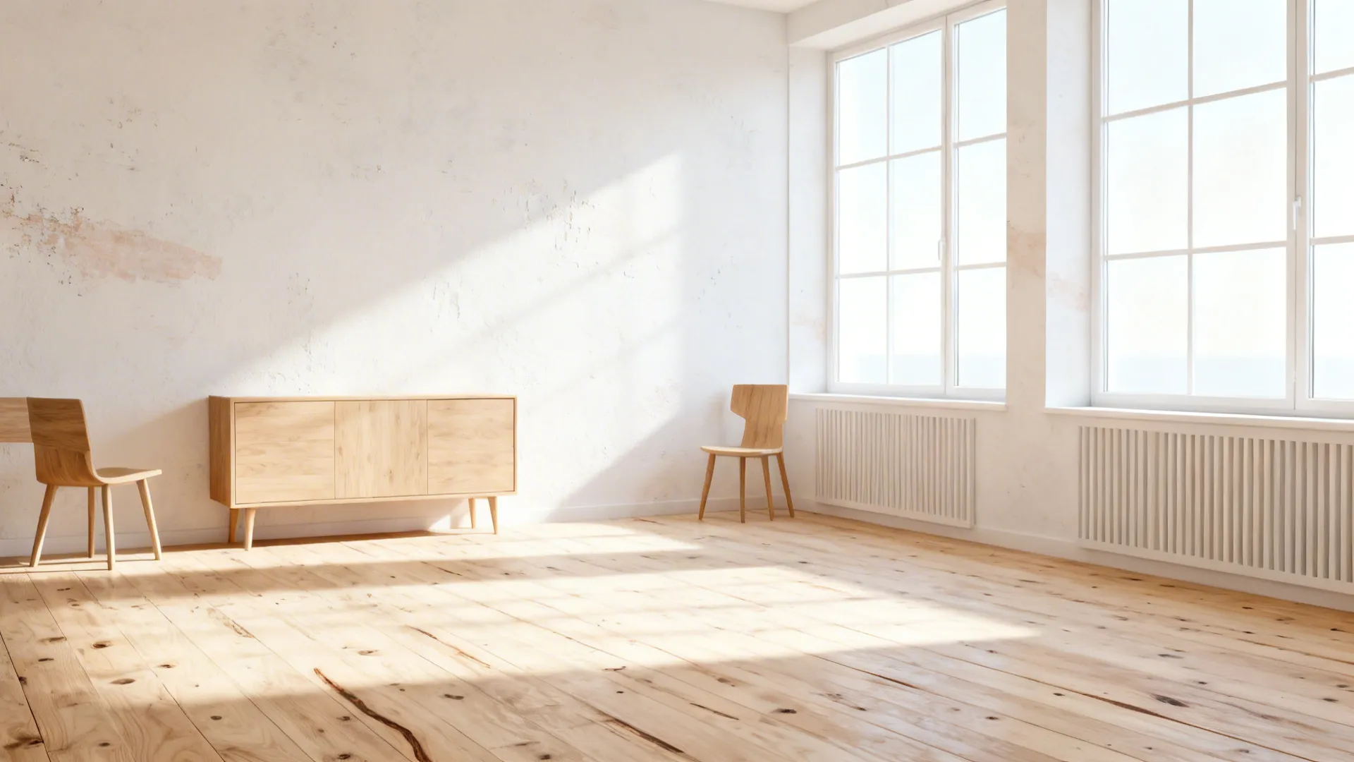 Bright small living room with classic soft white walls and warm undertones.