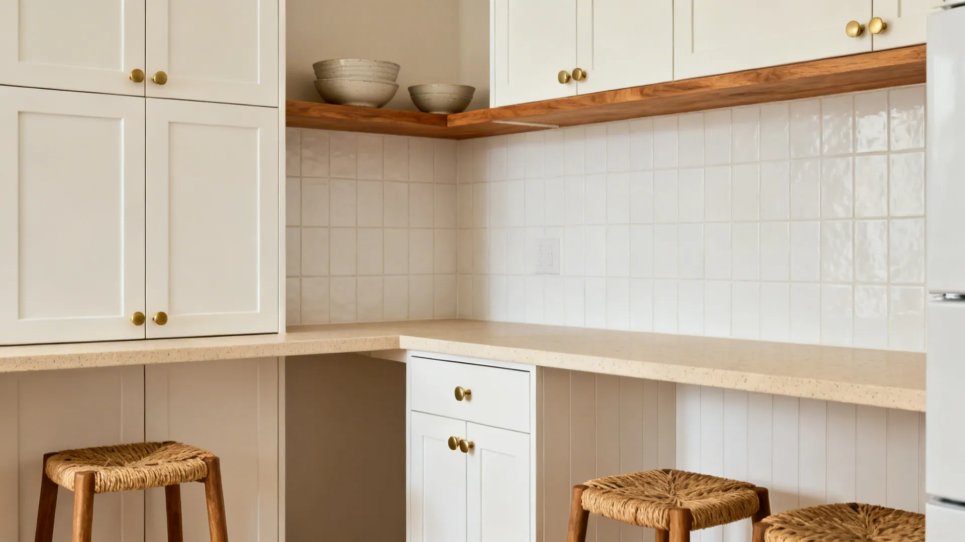 Soft-white Shaker cabinets with oak shelf, brass hardware, and light quartz counters in a compact kitchen.