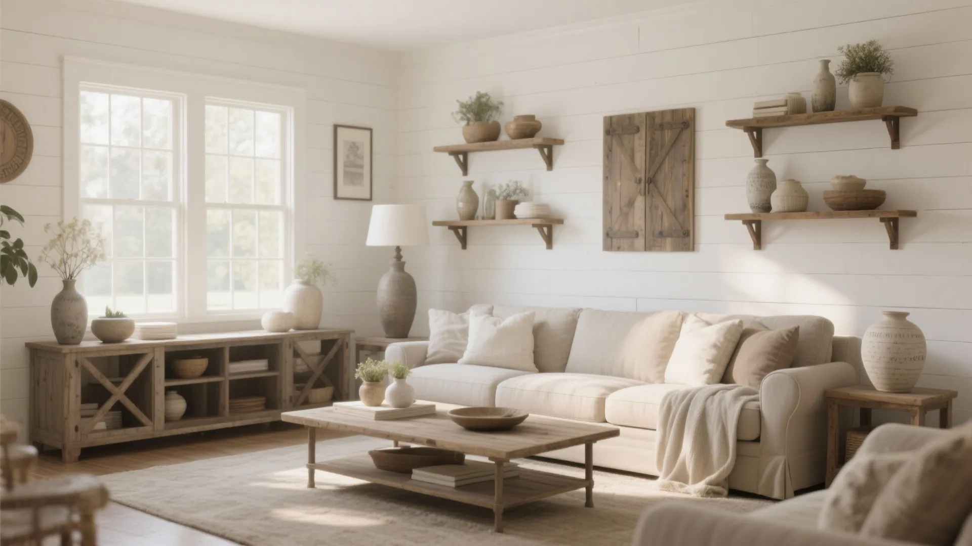 Living room with soft white shiplap walls