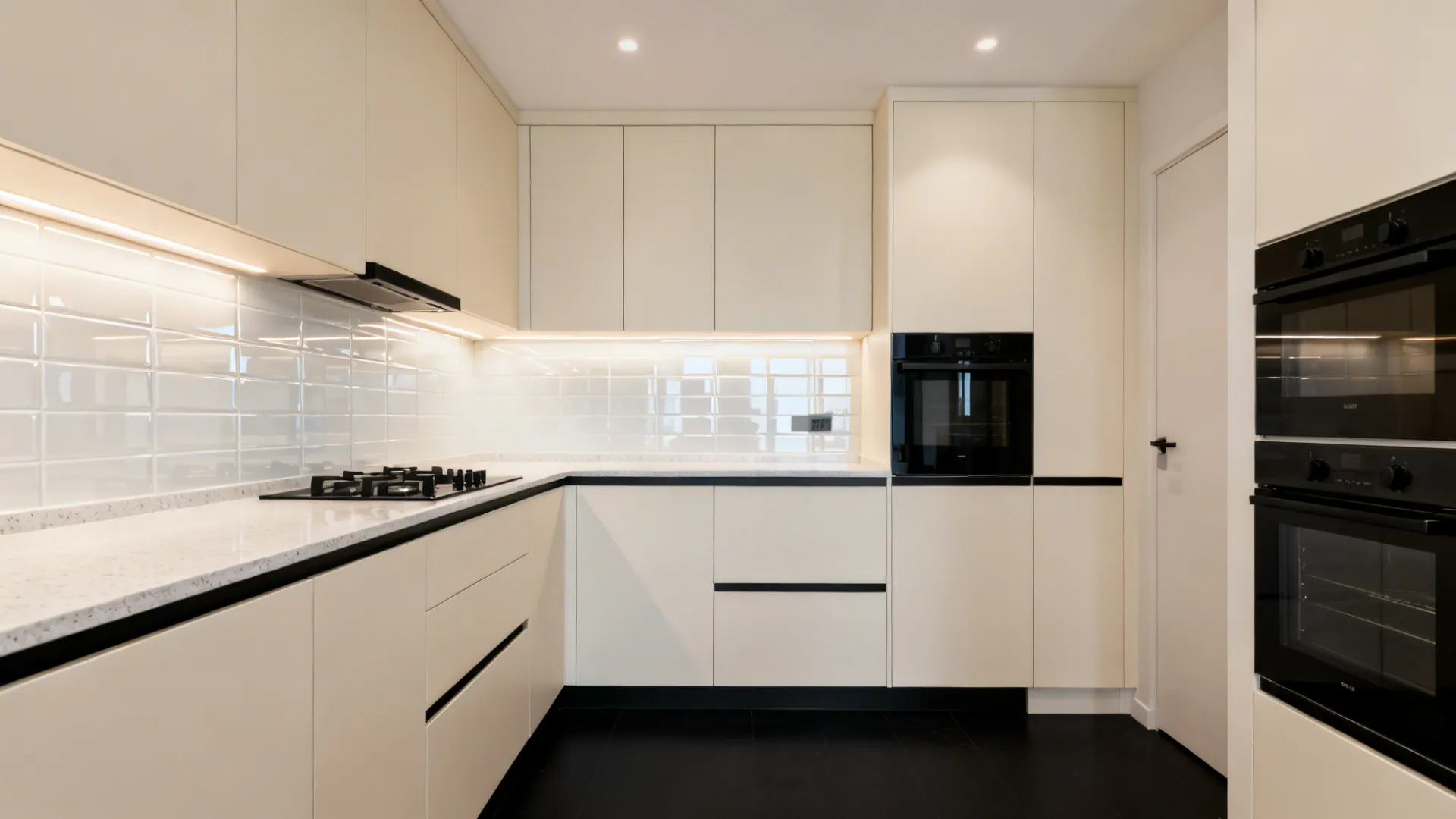 Soft-white slab cabinets over a matte black floor with a mid-tone countertop and glossy backsplash.