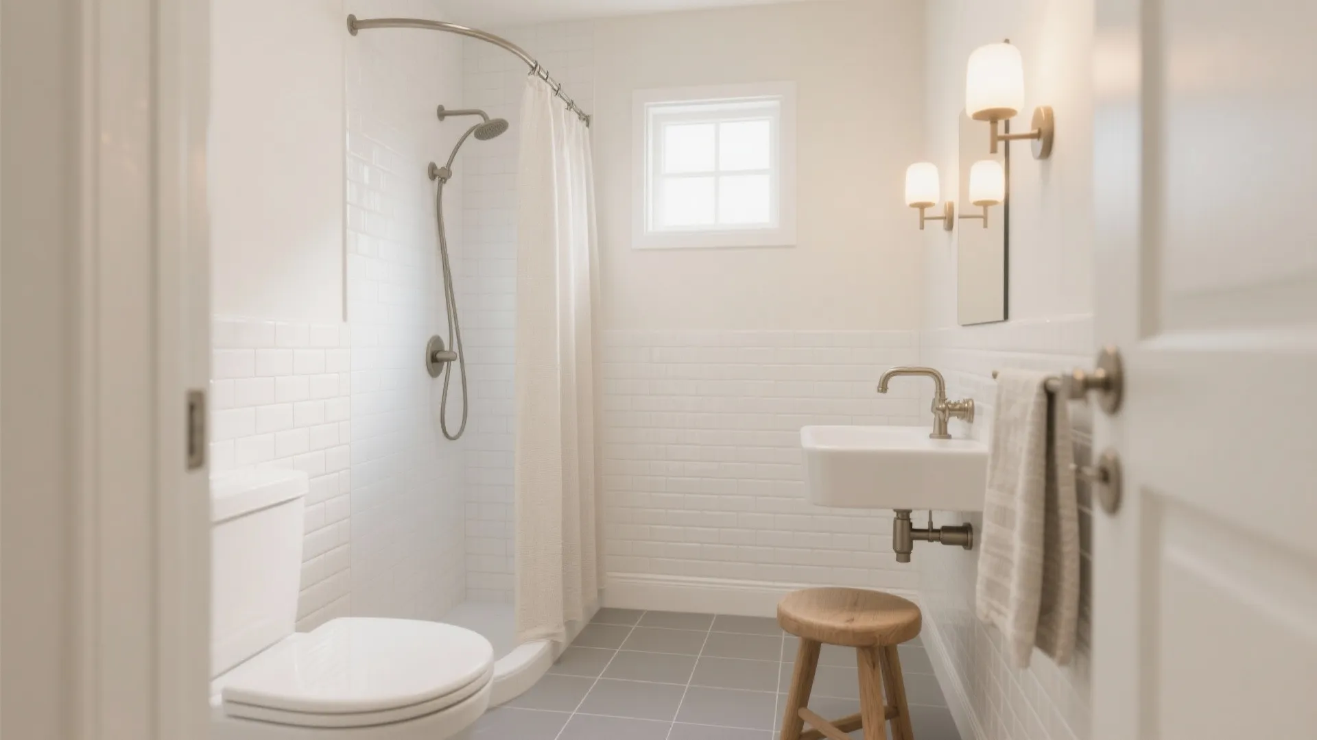 Bright white bathroom featuring shower with curtain wall light white sink and wooden small stool