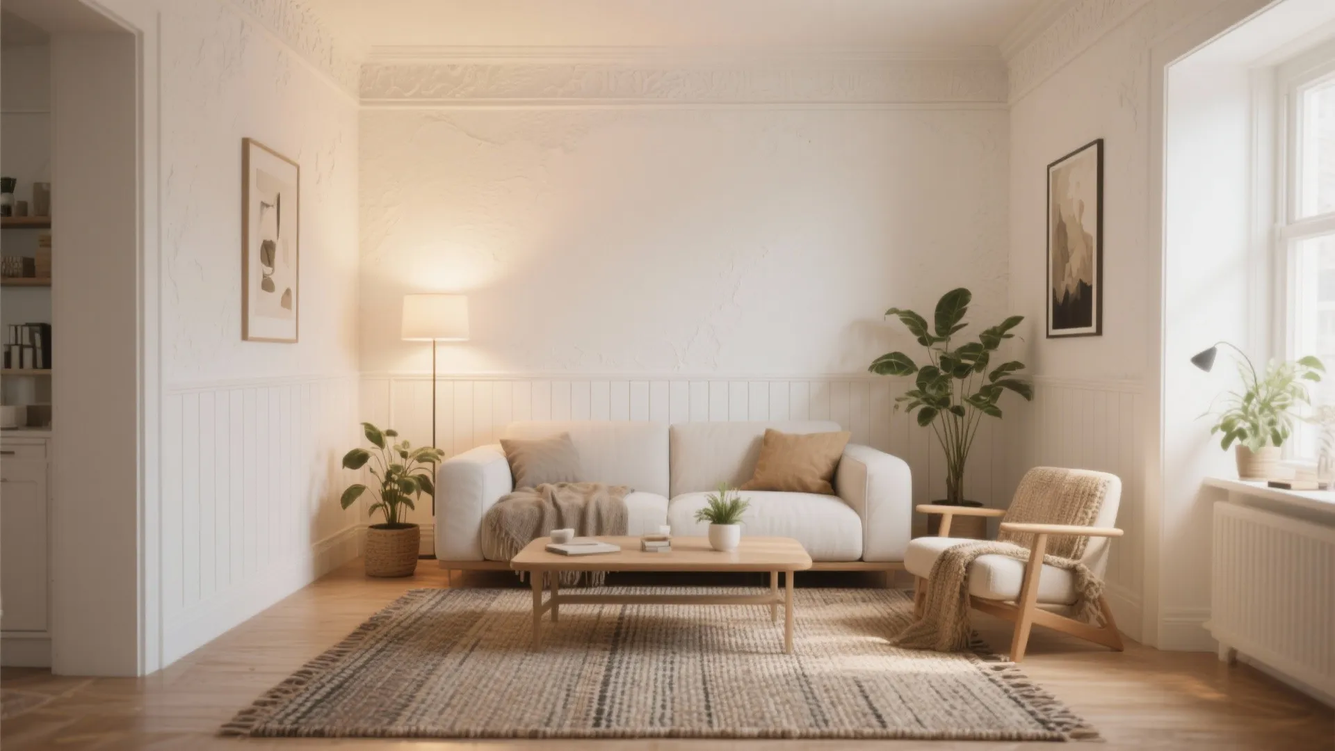 Bright living room with white sofa wooden coffee table patterned rug green plants and floor lamp