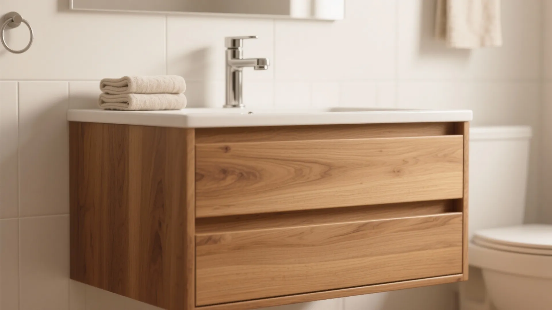 Modern wood bathroom cabinet with white sink and metal water tap plus folded beige towels