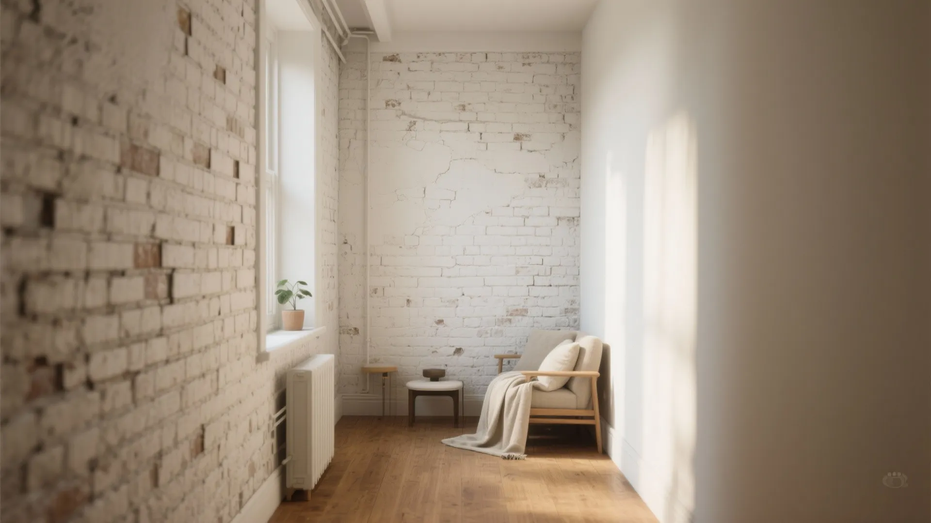Studio apartment with a thin whitewashed brick wall reflecting daylight while preserving mortar shadows.