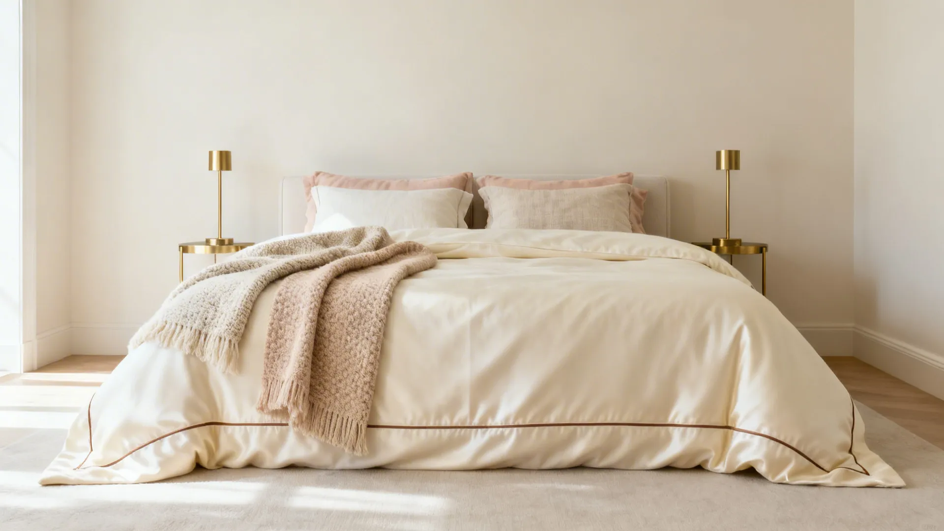Minimalist bedroom with white bedding, pink pillows, brown throw, and gold side tables with lamps