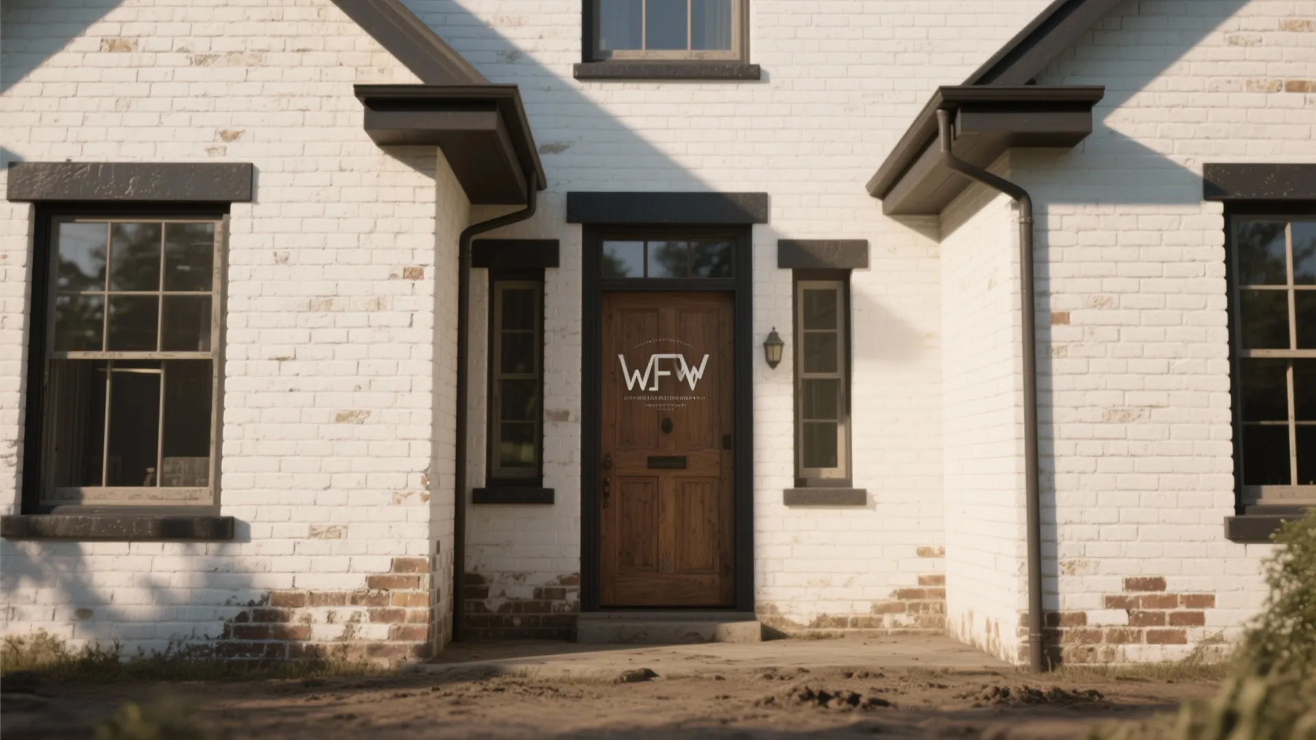 White brick house exterior with wooden door black window frames and small outdoor wall light fixture
