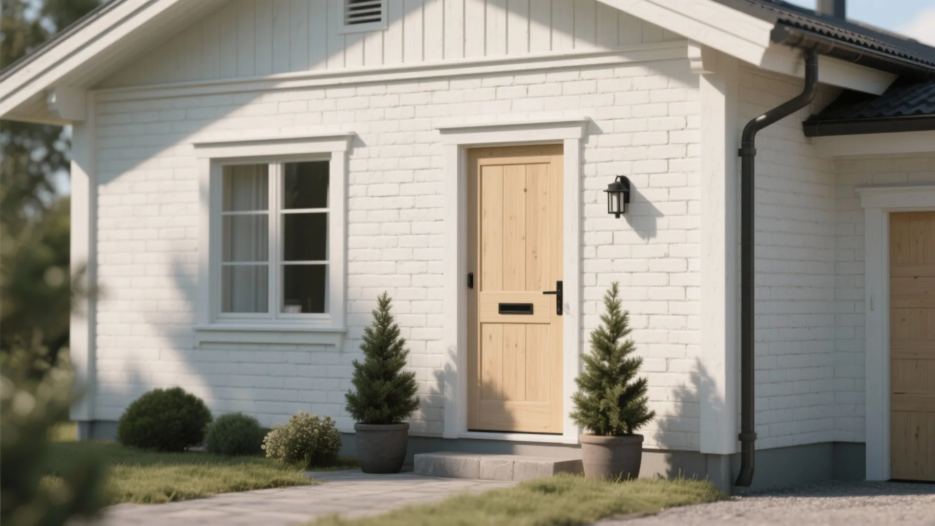 Modern white brick house exterior with wooden door small green trees and a white window