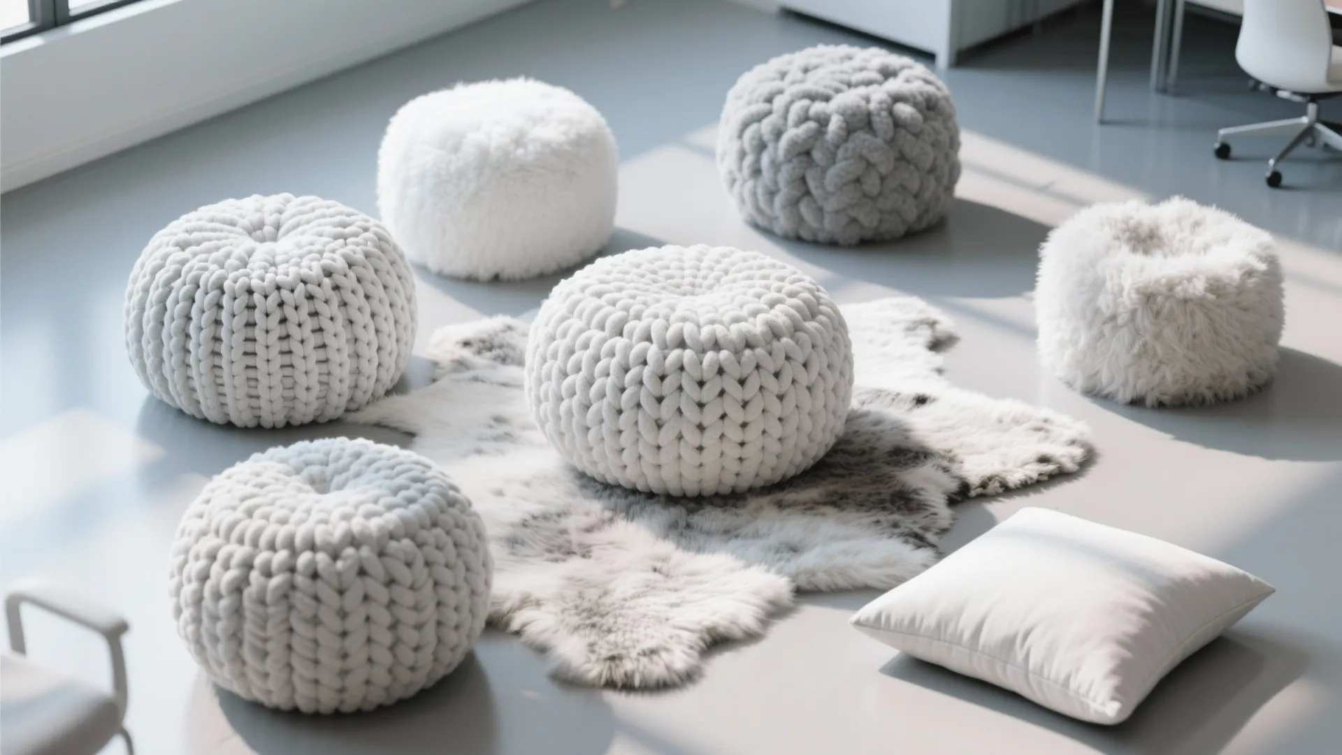 Soft white and grey knitted footrests on faux fur rug in a bright modern room