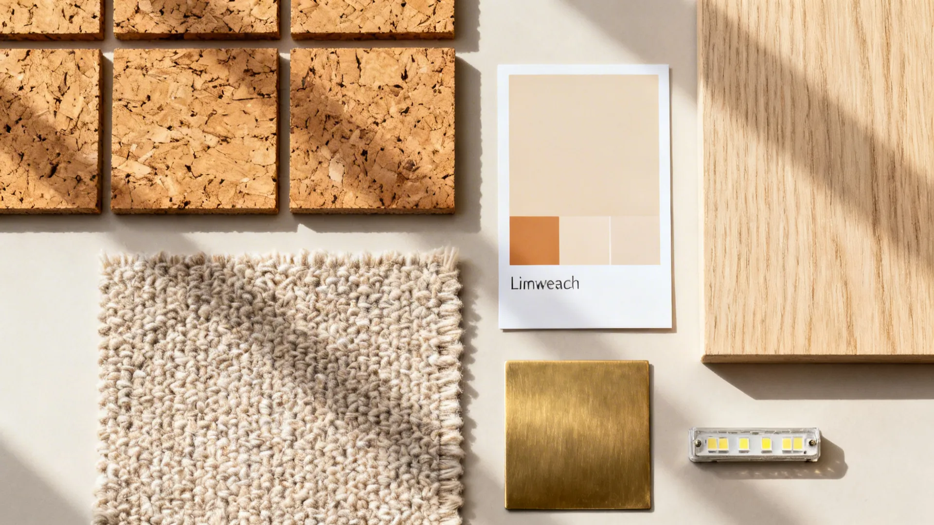 Flat lay of cork tiles, boucle fabric, limewash paint card, brass trim, oak veneer, and LED strip.
