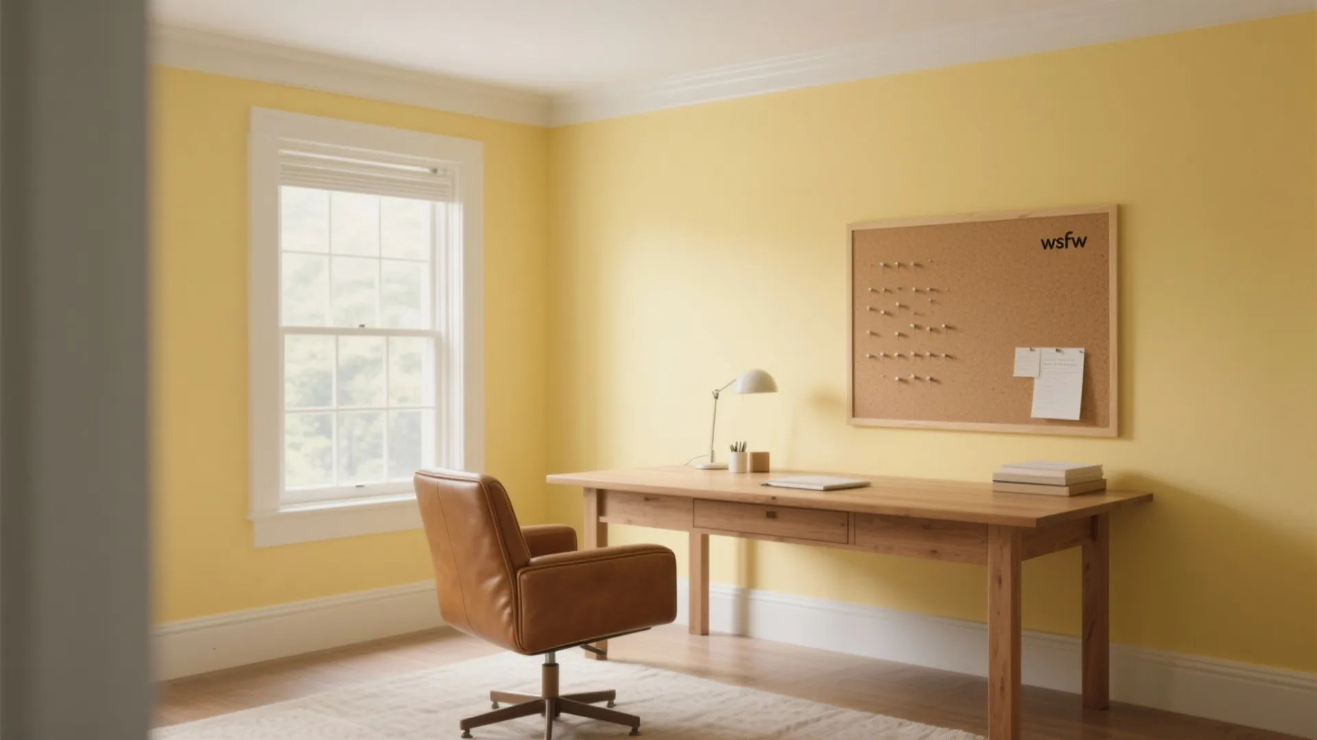 Bright yellow home office featuring a wooden desk with leather chair and a notice board