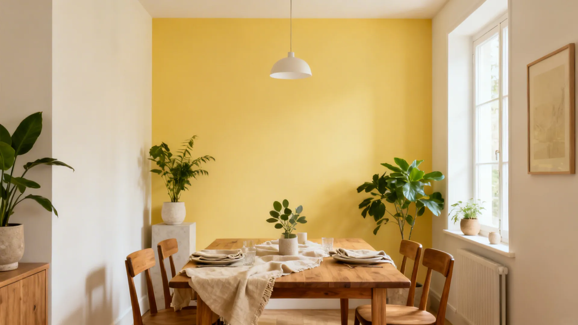 Dining nook with a soft yellow accent wall, oak table, and linen settings in bright light.
