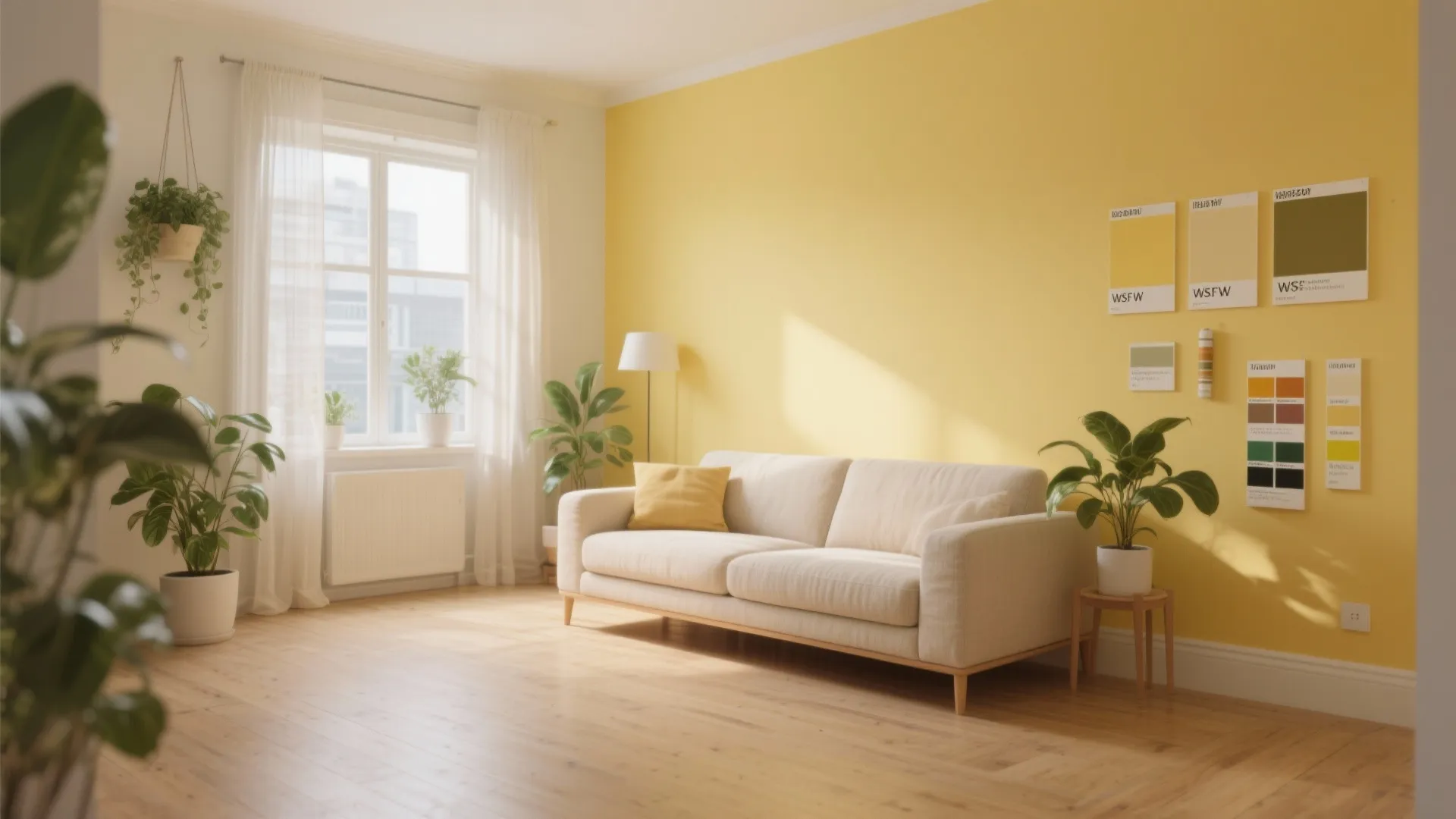 Bright living room with yellow wall white sofa wood floor green plants and color swatches