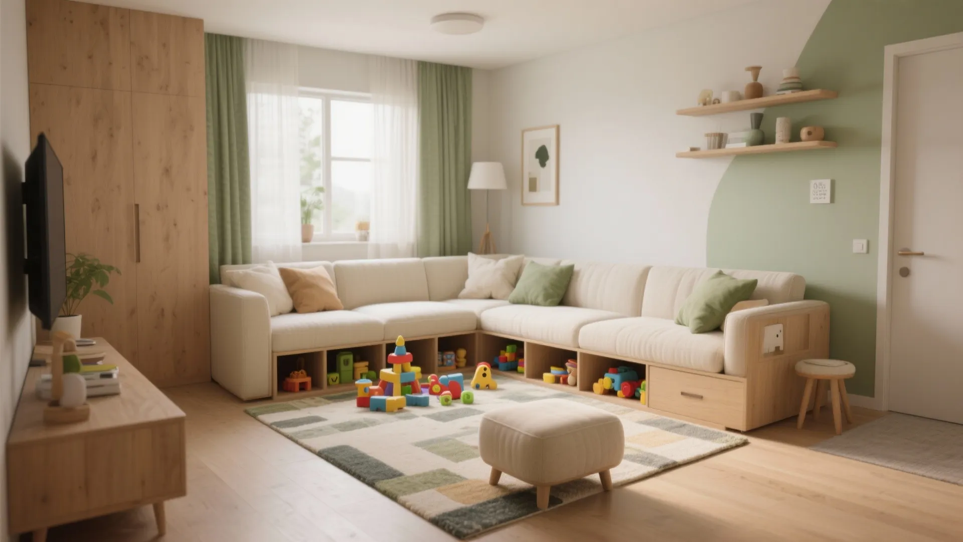 Cozy living room with corner sofa wooden storage boxes patterned rug and natural light from windows