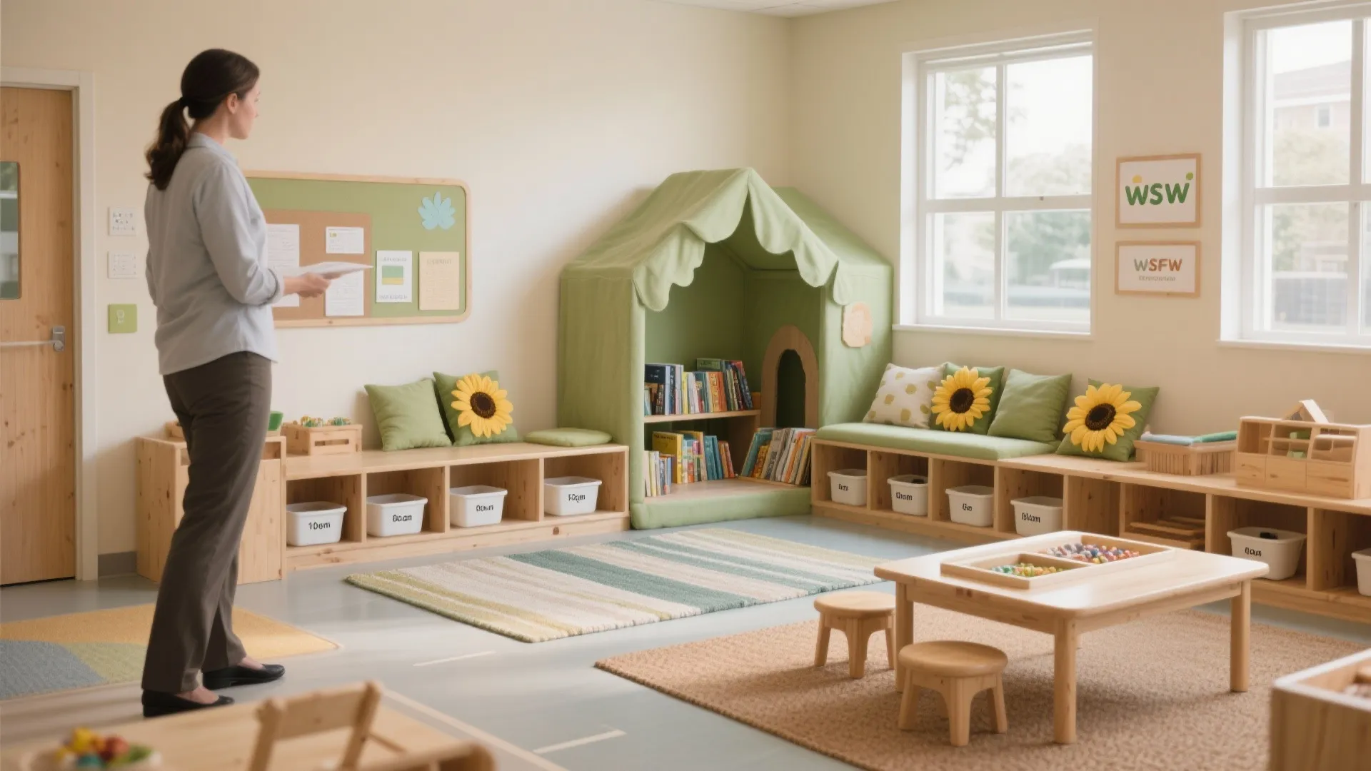 Bright classroom corner with green play tent wooden shelves low tables and soft sun flower pillows