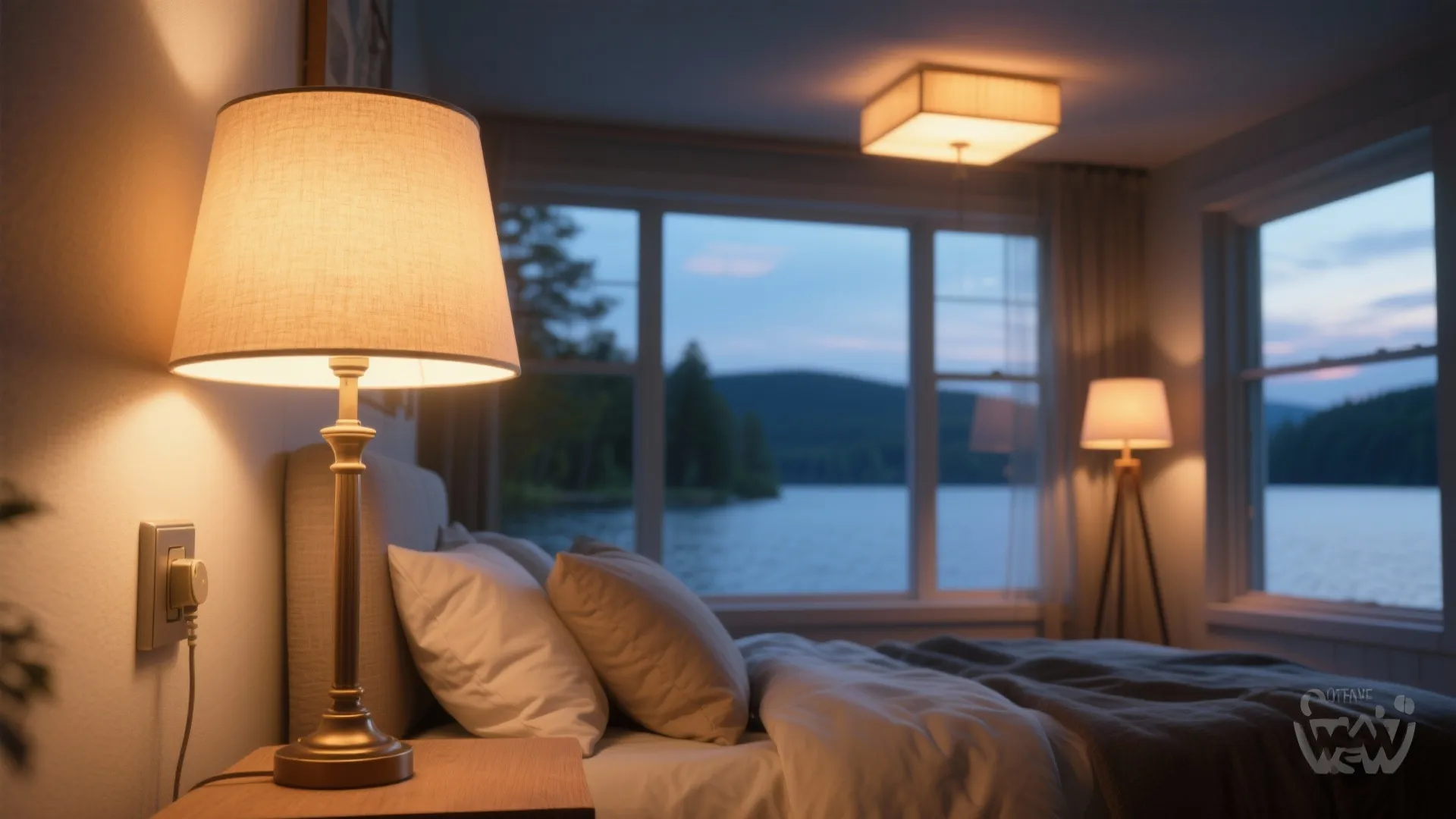 Cozy bedroom at dusk with table lamp ceiling light warm glow and calm lake view