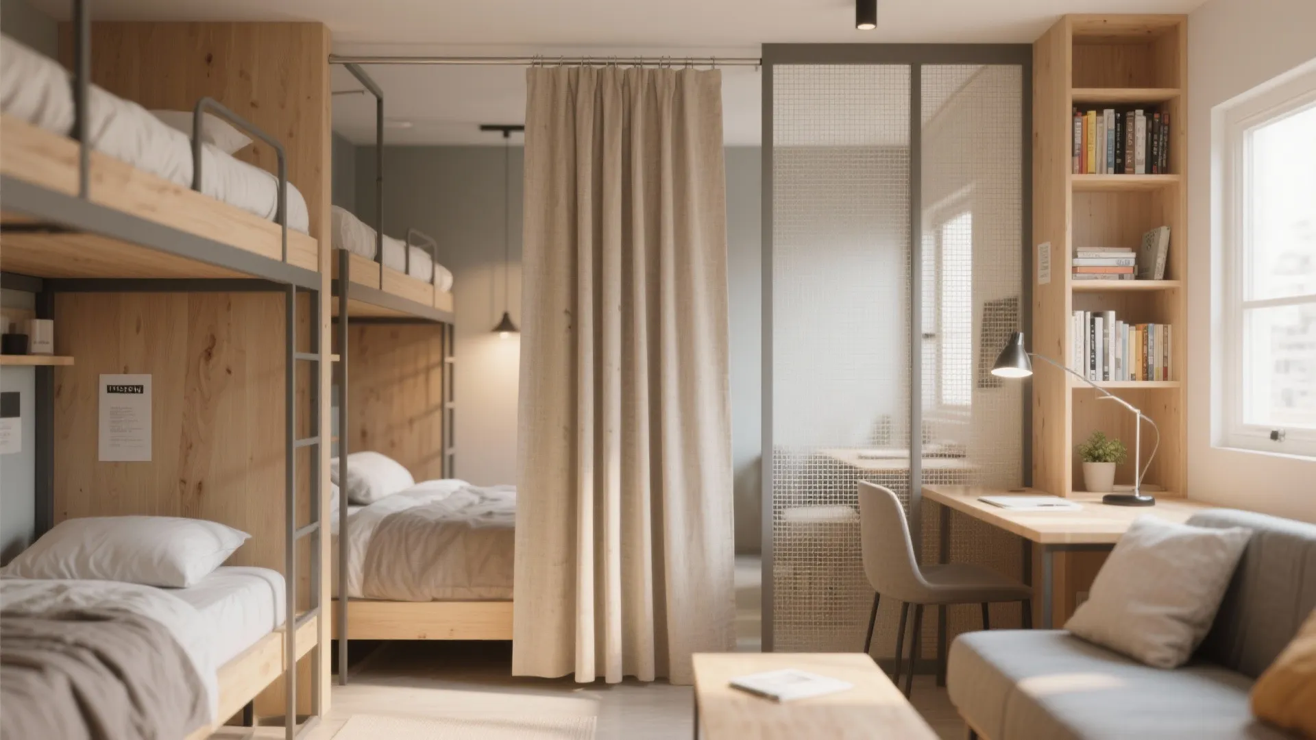 Shared bedroom with wooden bunk beds beige curtain divider study desk chair and glass partition