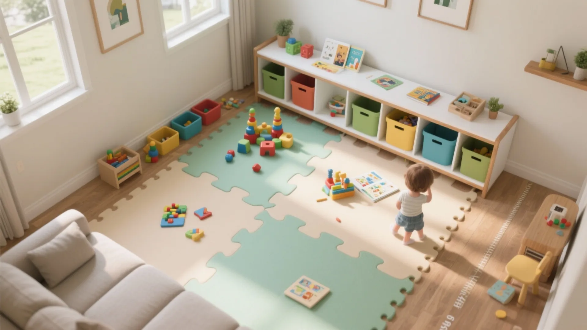 Child playing in a bright room with colorful floor mats white toy cabinet and sofa