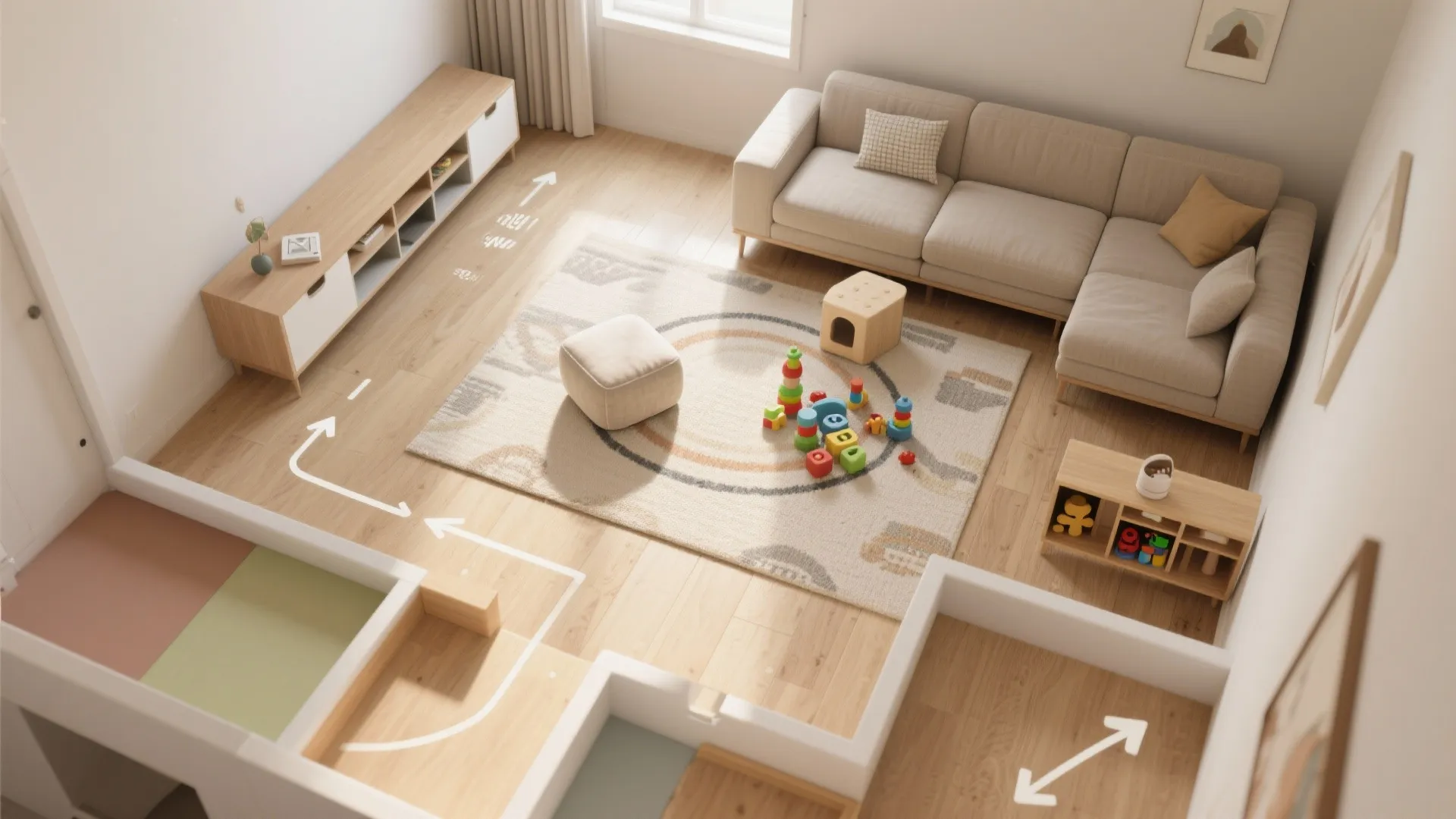 Top down interior design drawing of living room with sofa wooden cabinet rug and colorful toys