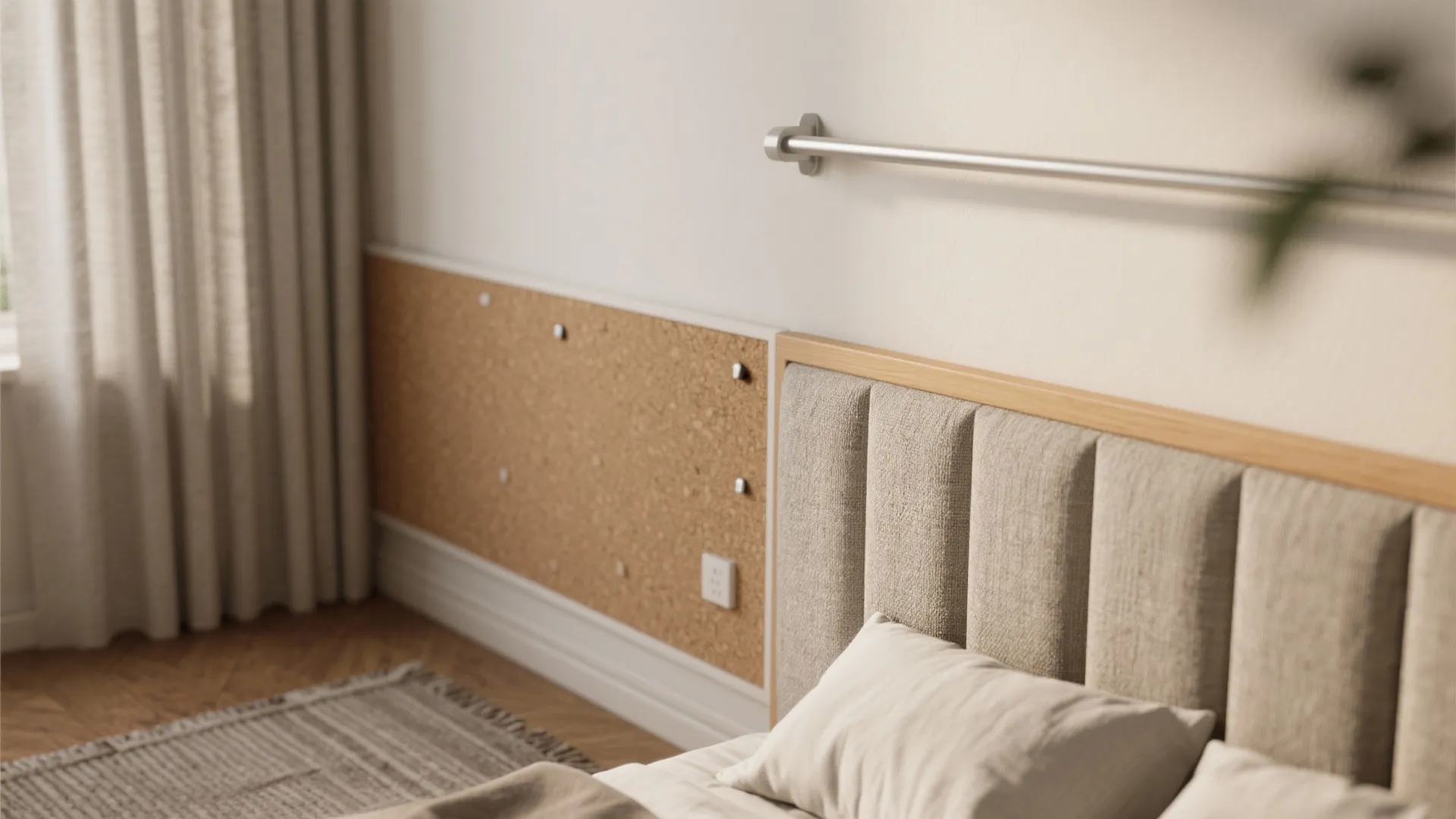 Modern bedroom interior with fabric headboard cork wall panel metal handrail curtain and wood floor