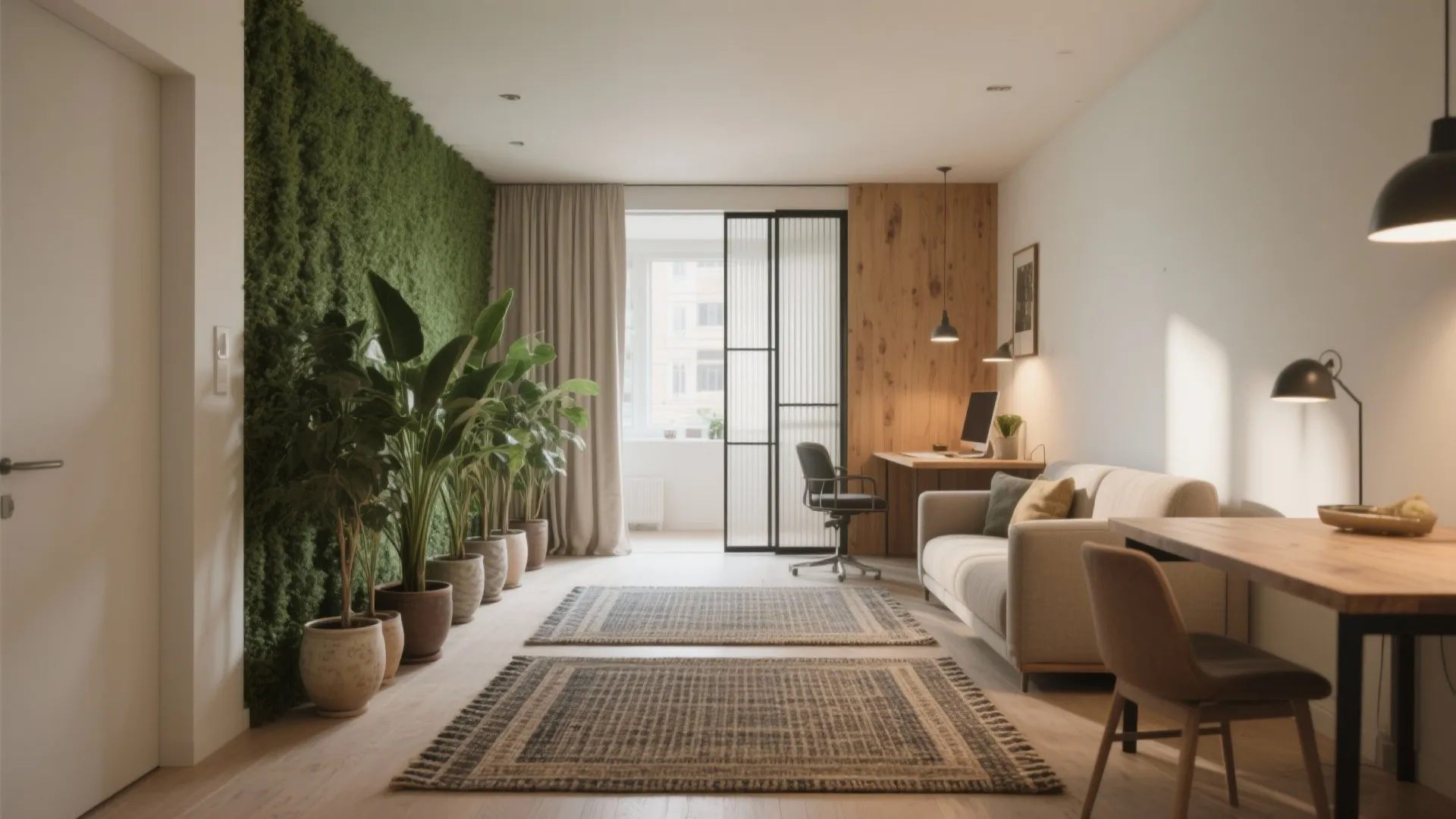 Modern apartment interior featuring green wall plants wooden desk beige sofa and two patterned area rugs