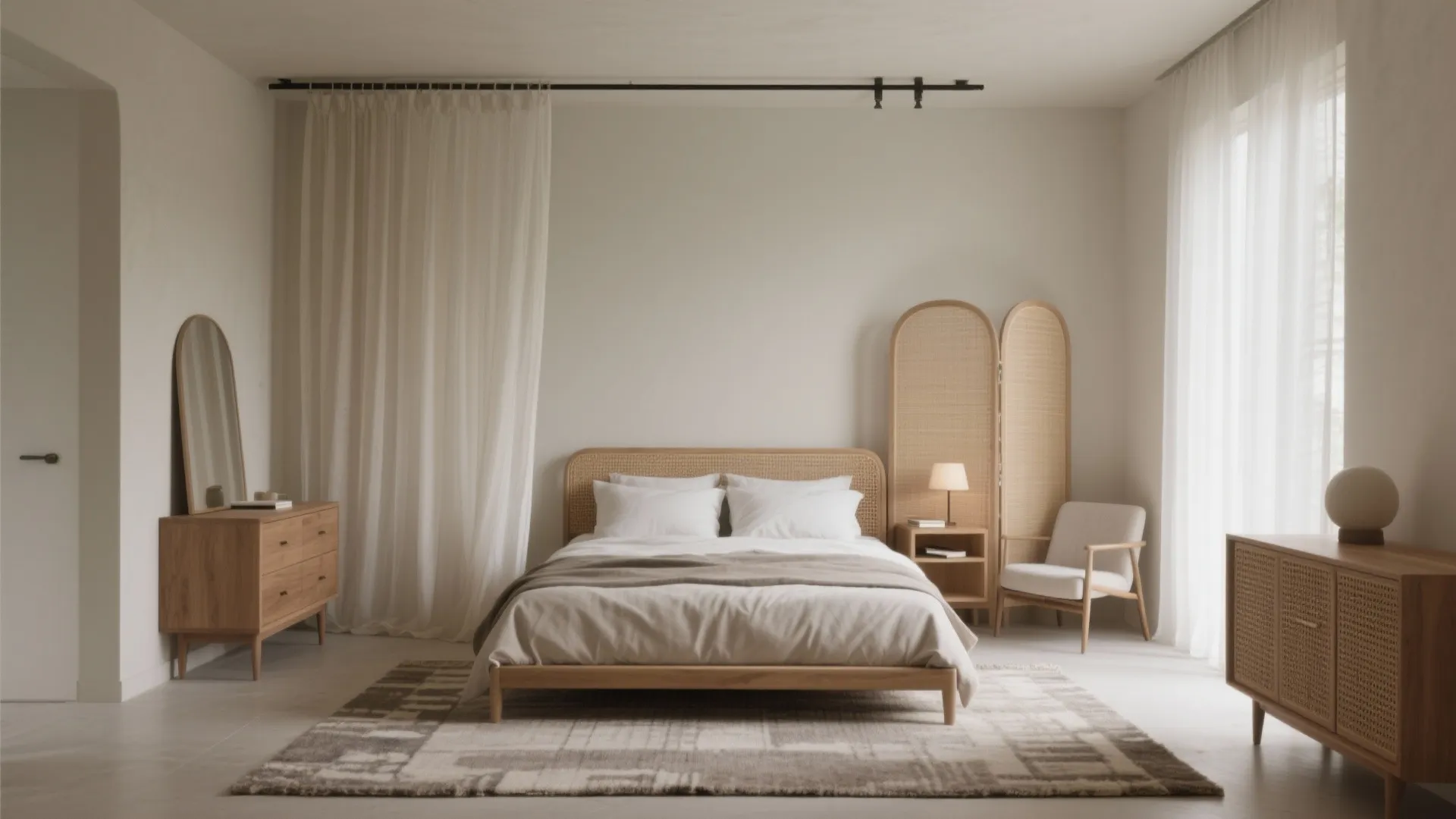 Rug anchoring a centered bed, a ceiling track curtain softening a dresser, and a folding screen creating a small reading nook.
