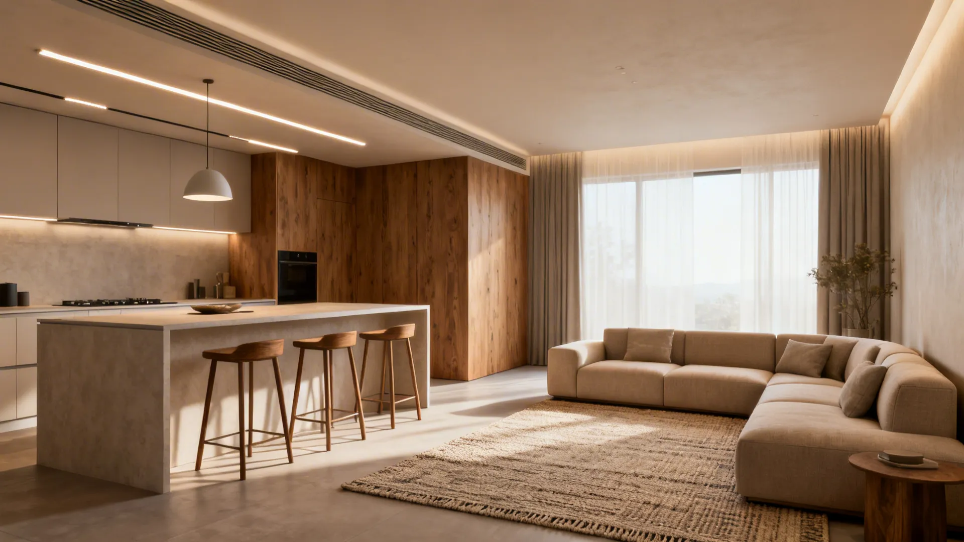 Soft zoning with rugs, lighting, and a semi-open island