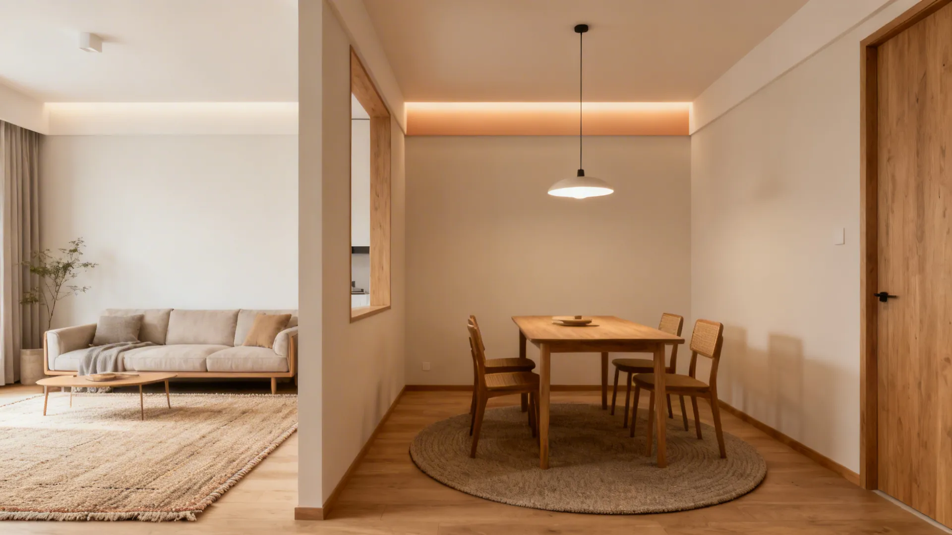 Layered rugs, pendant lights, and a ceiling paint band define living and dining zones in a compact open plan.