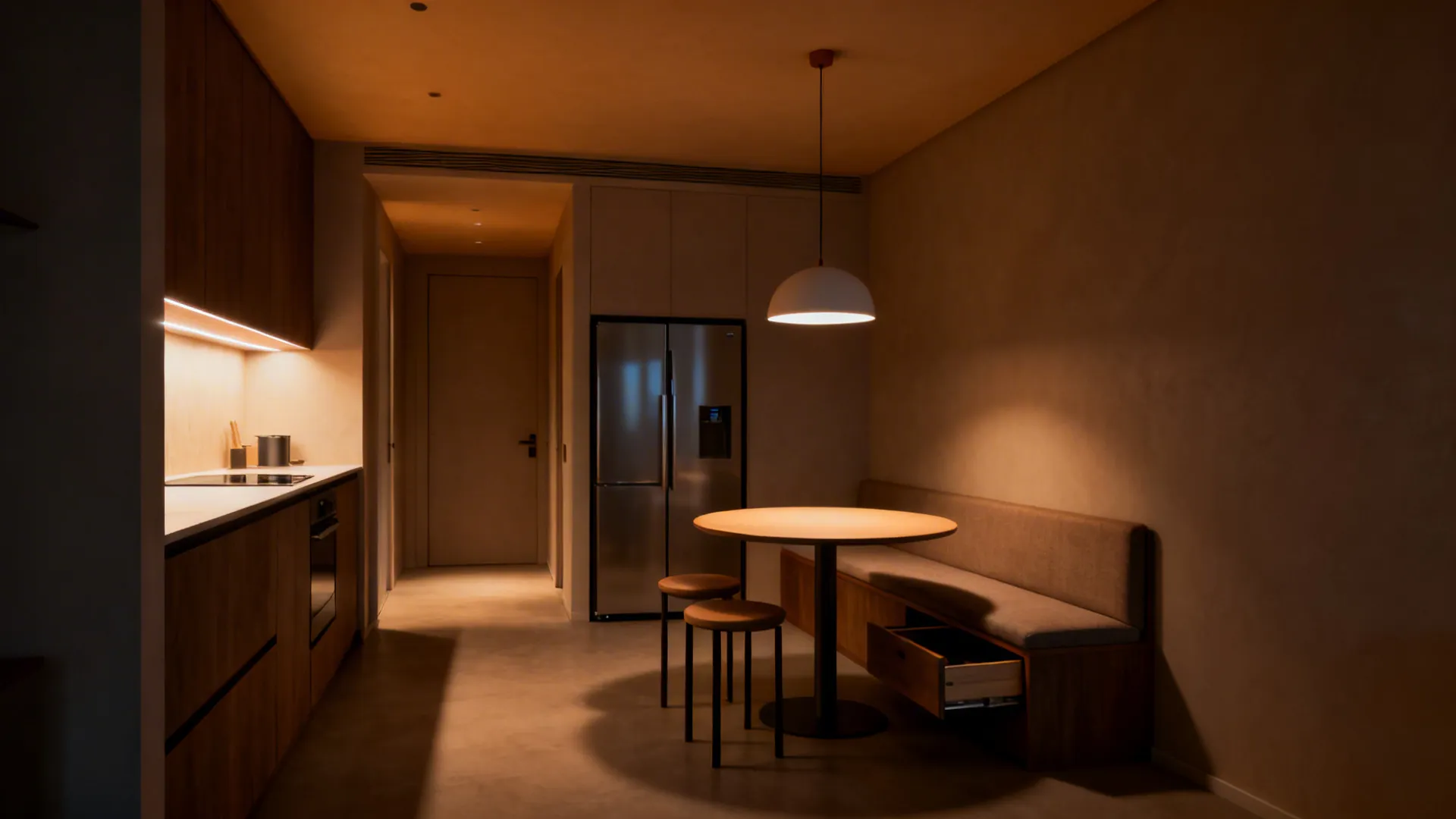 Warm dining area with round table wooden bench small stools and white hanging ceiling light