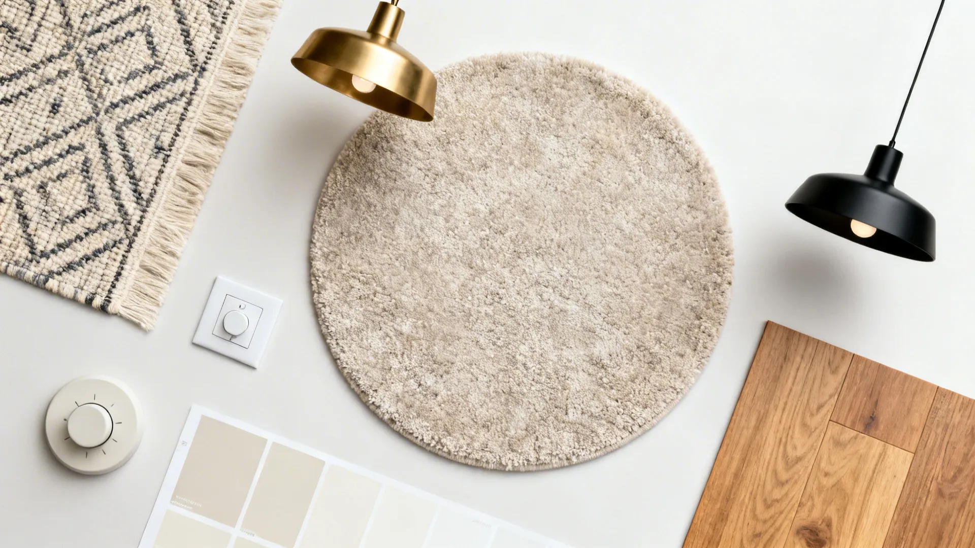 Flat lay of rug swatches, pendant finishes, dimmer, paint chips, and wood flooring for soft partitions.