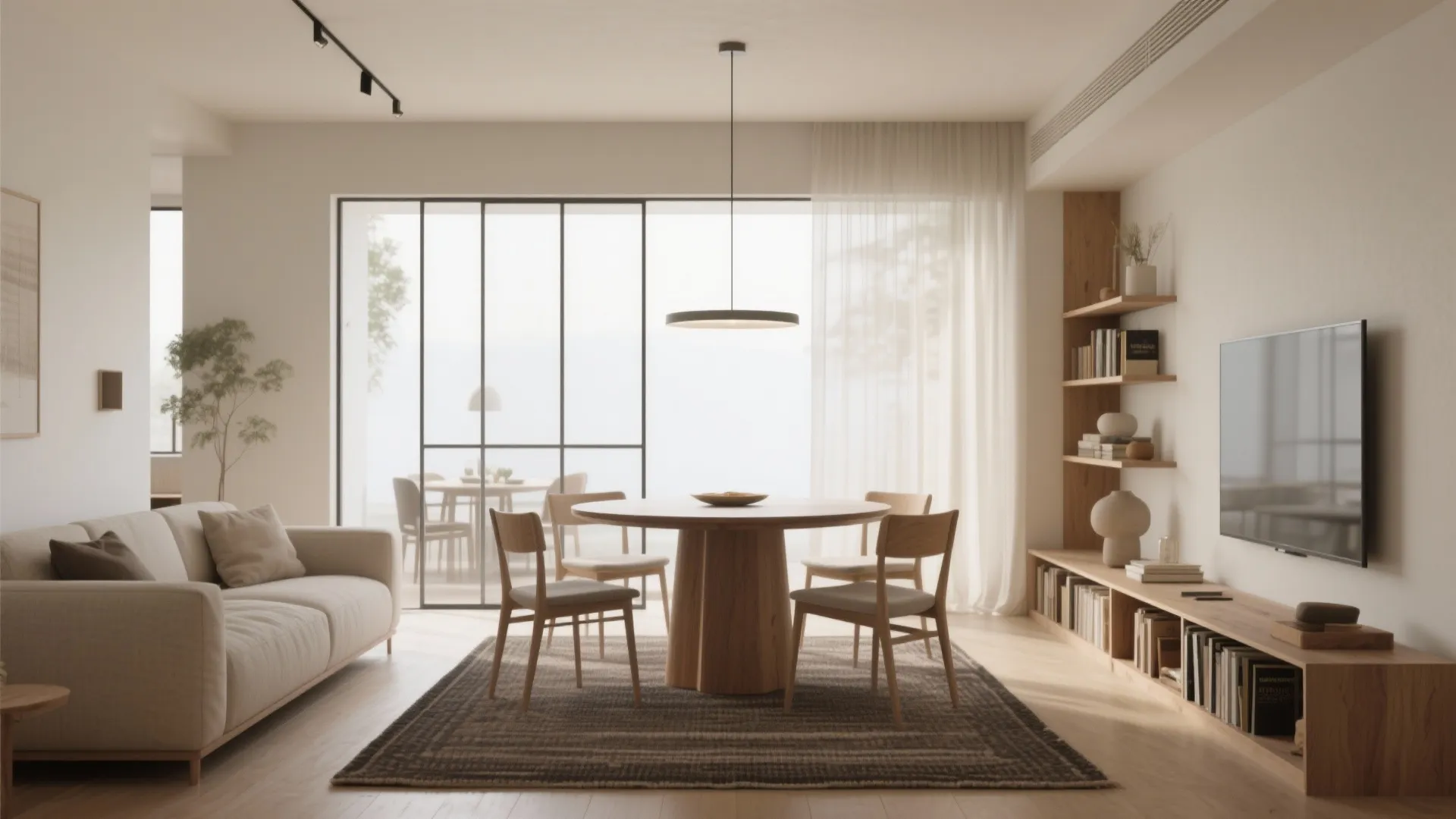 Soft Zoning with Glass, Rugs, and Low Bookcases