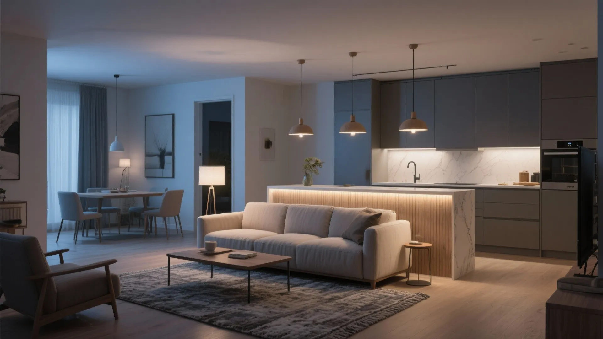 Soft zoning with rugs, lighting, and low partitions