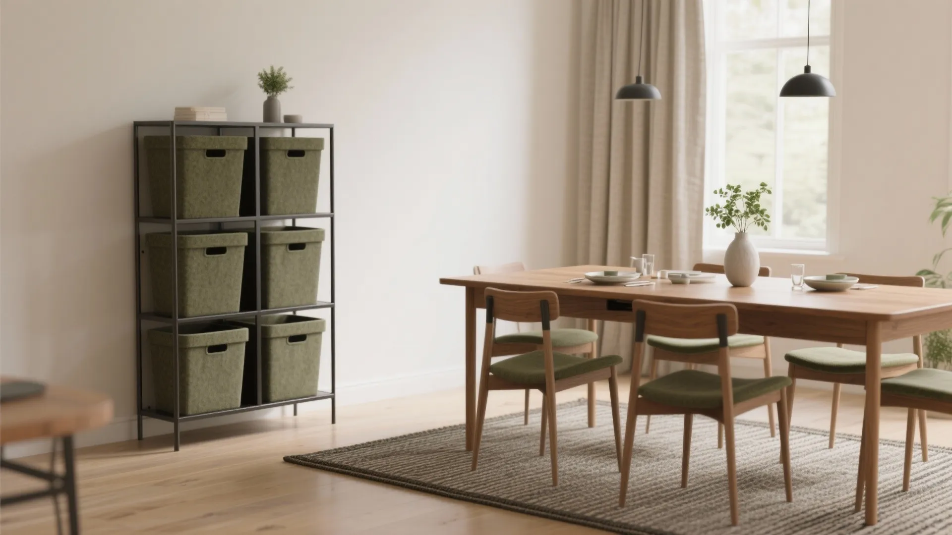 Dining room with wooden table green chairs metal storage rack with boxes and grey floor rug