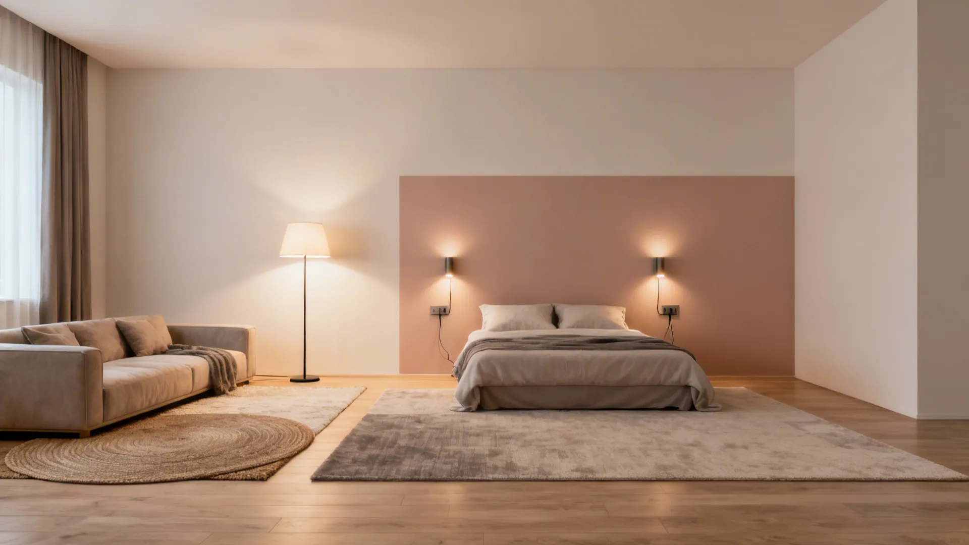 Studio apartment divided by layered rugs, color-blocked paint, and warm layered lighting without walls.