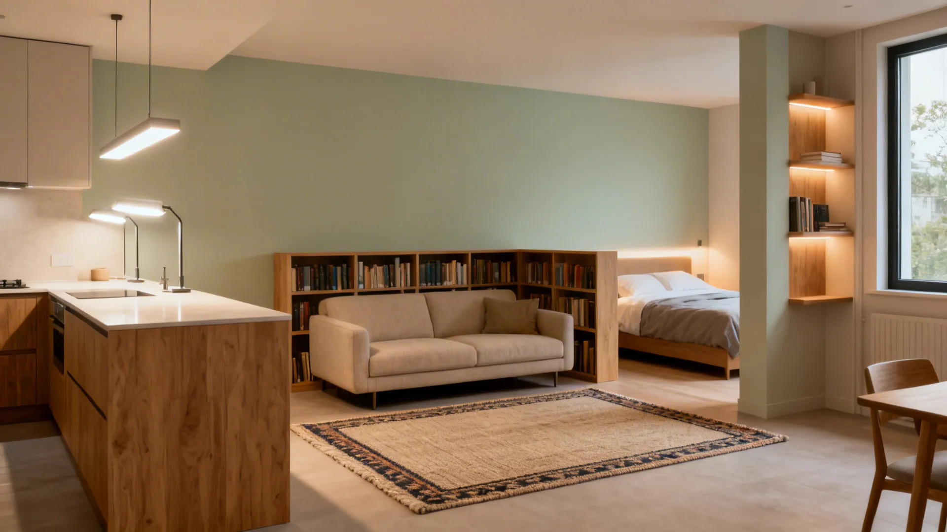 Studio with a low bookcase divider, framed rug, and layered lighting separating kitchen, living, and sleeping zones.