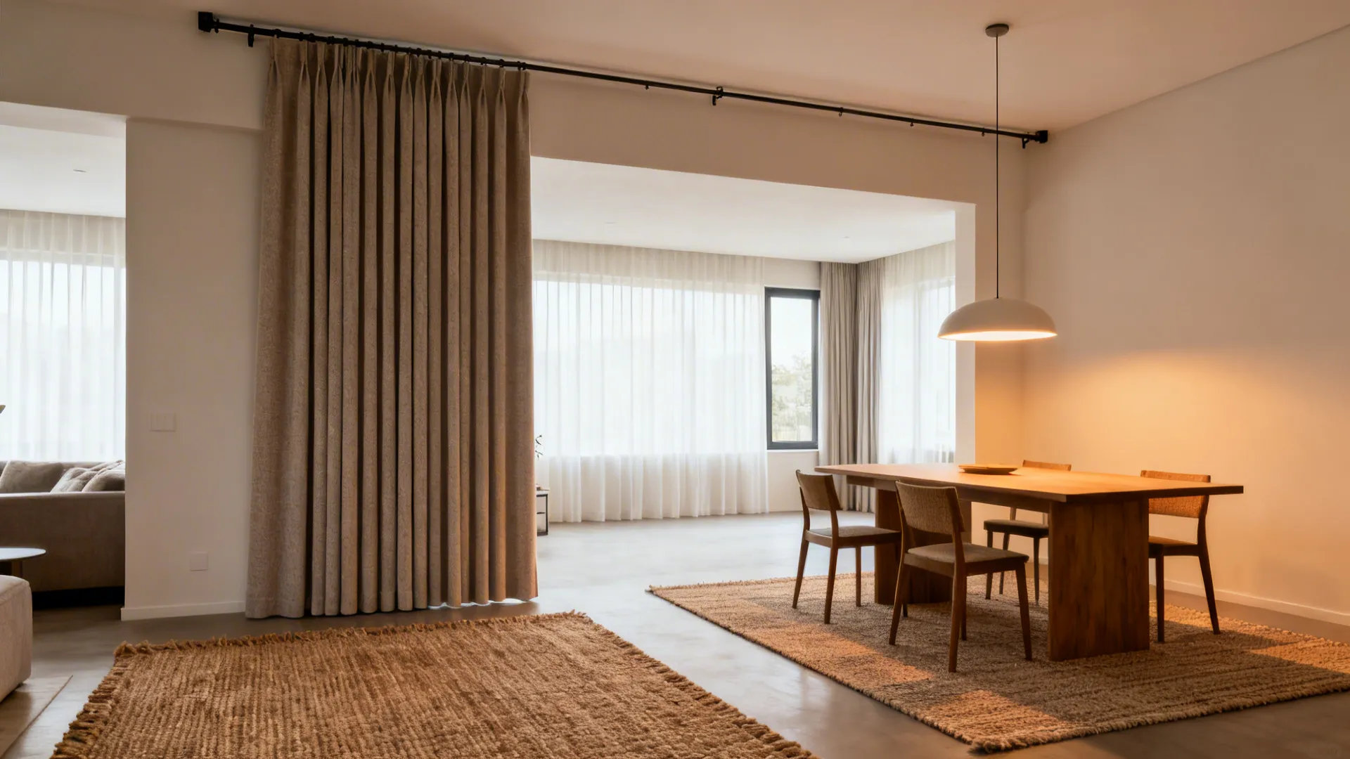 Ceiling track curtain, layered rugs, and a pendant create a flexible soft partition between living and dining.