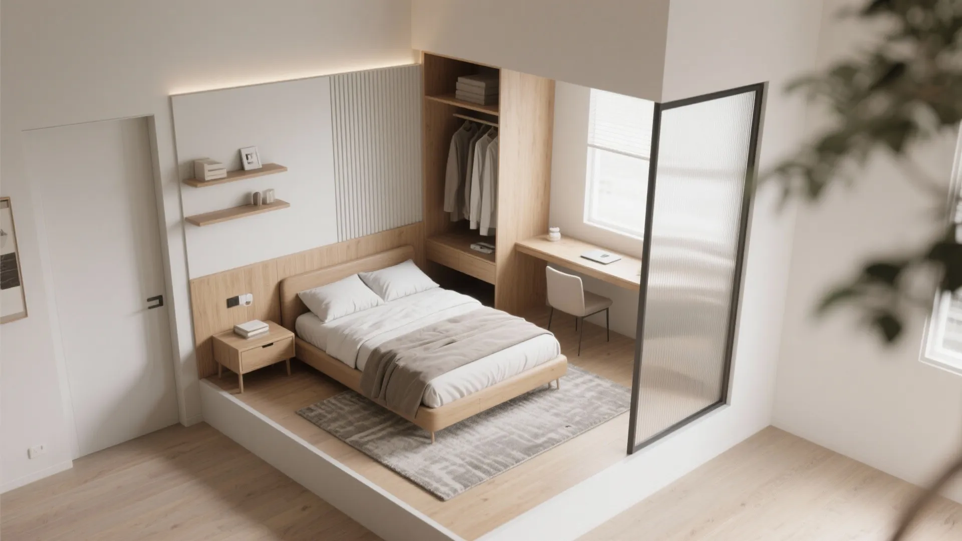 Interior design drawing showing bedroom layout with platform bed wooden desk wardrobe and glass wall partition